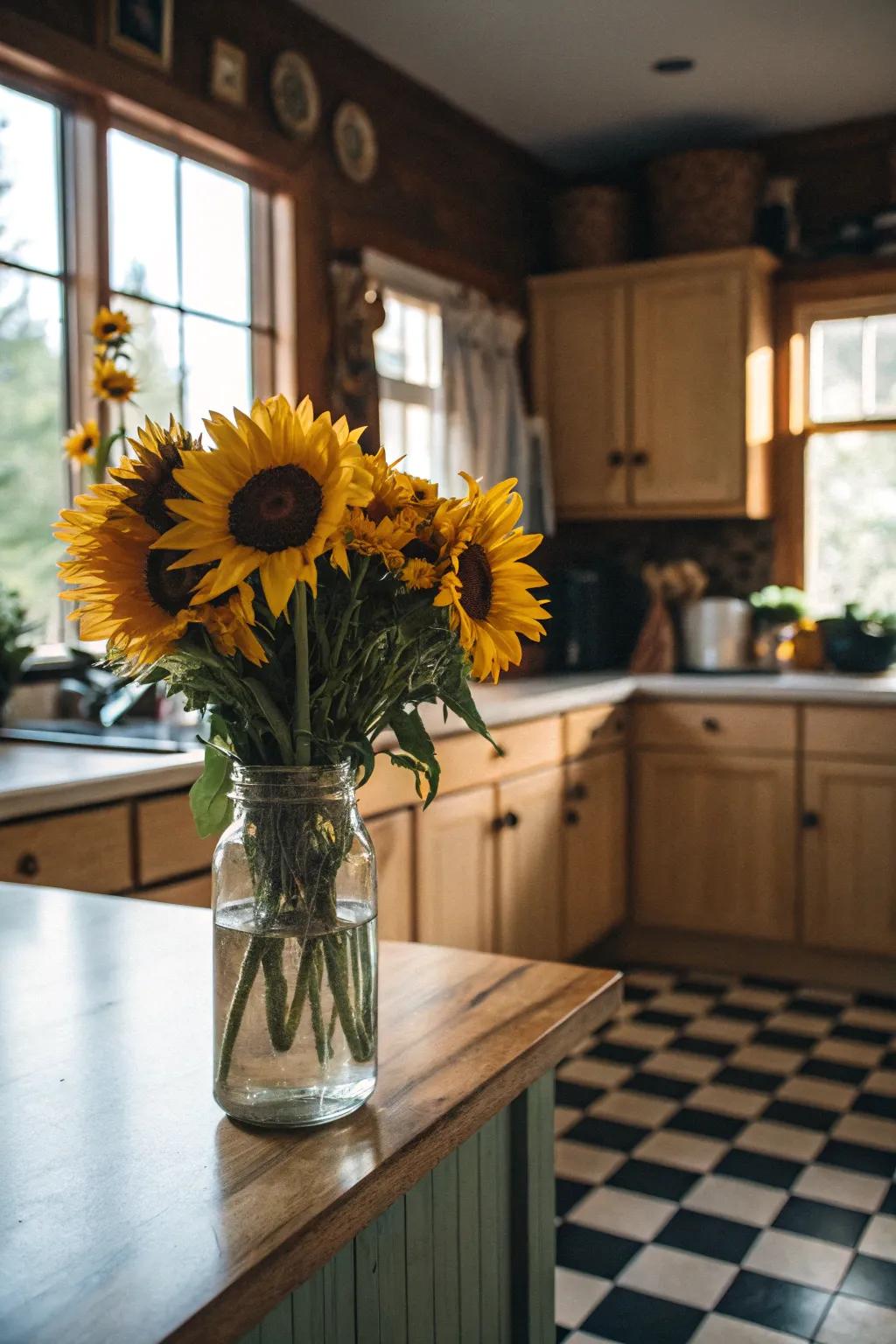 Sunflowers displayed in a Vintage Jar bringing a touch of rustic charm to the kitchen.