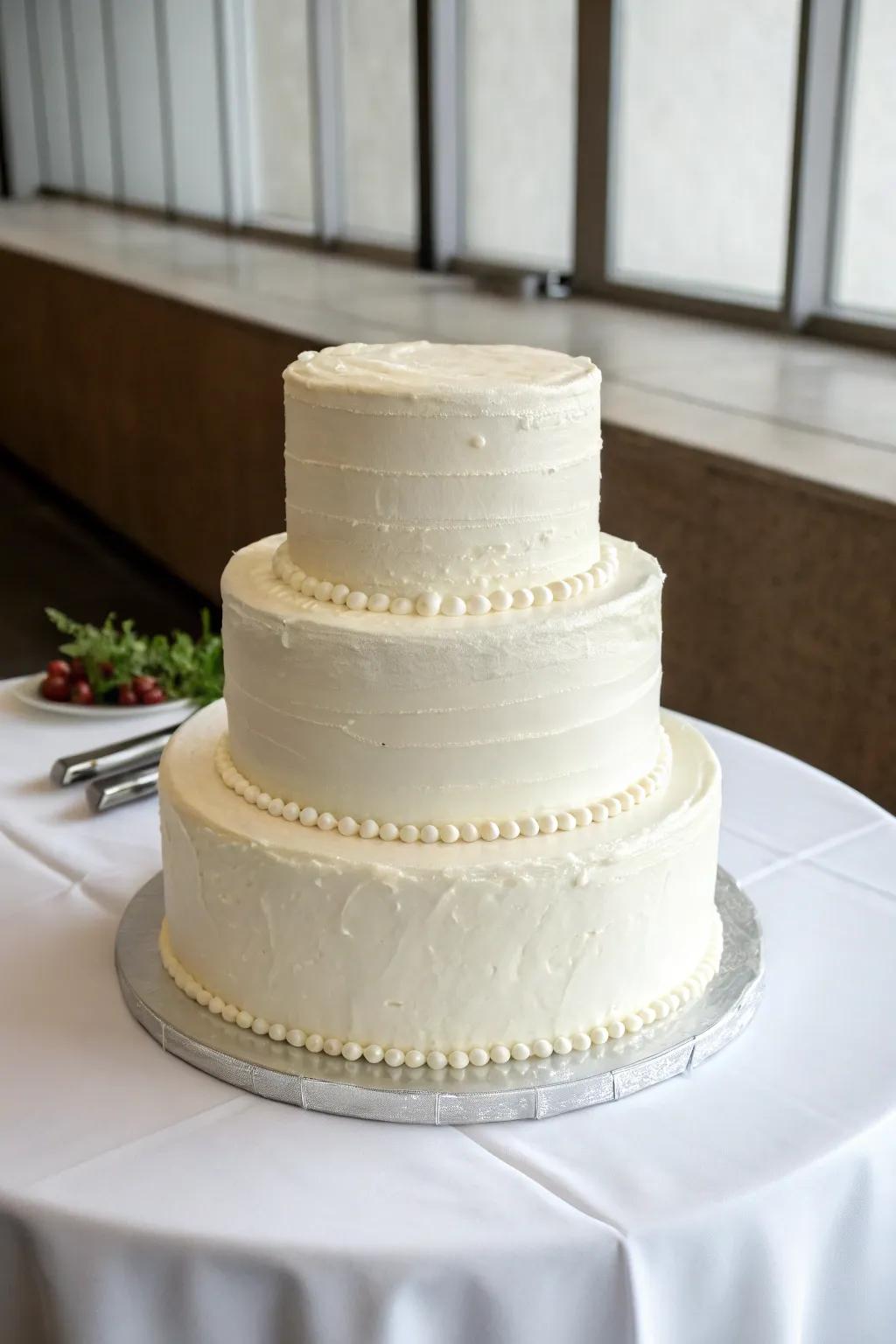 A minimalist wedding cake ensuring the spotlight remains on the celebration.