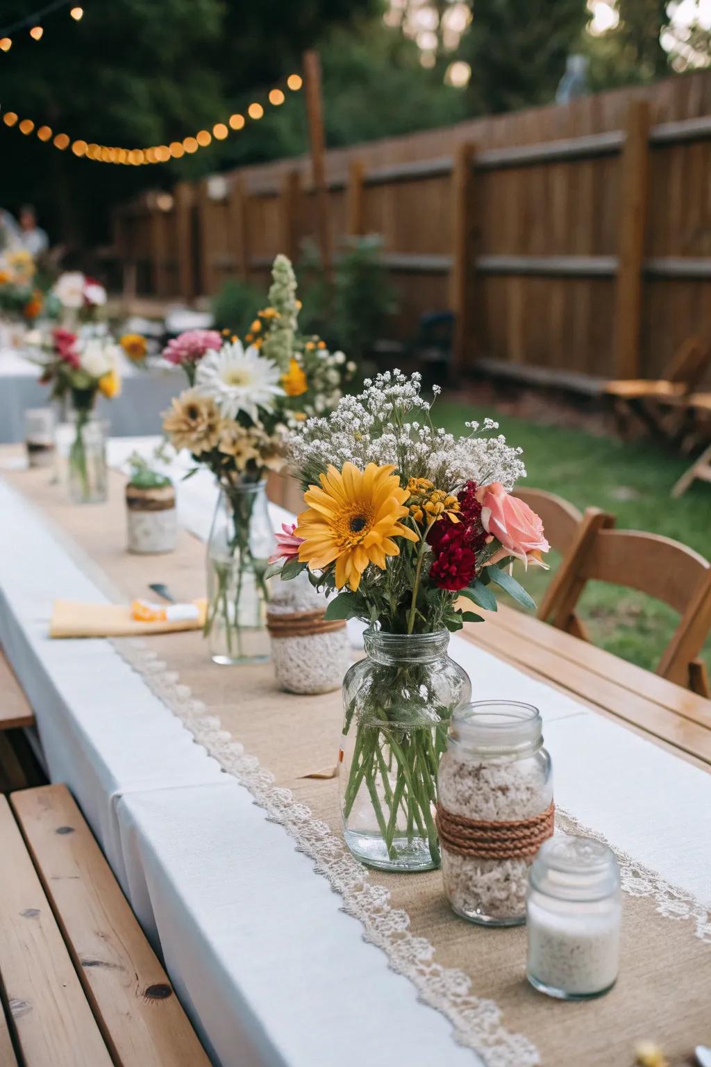 Mason jars filled with seasonal blooms make for charming wedding centerpieces.