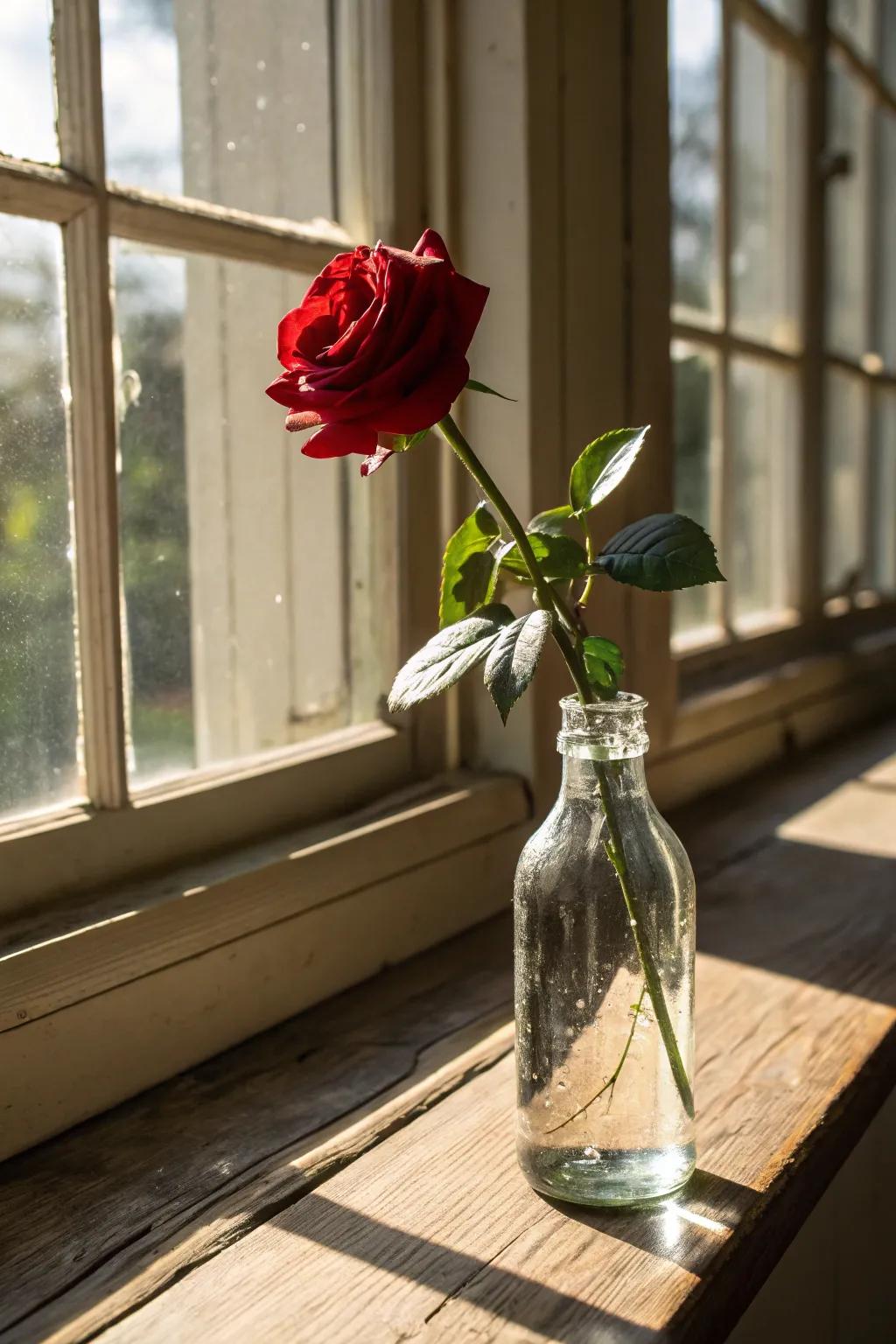 A solitary rose displayed in a glass bottle exudes vintage charm.