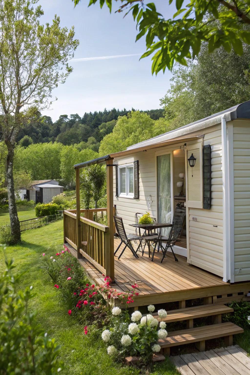 Timber decking contributes an earthy allure to your mobile home porch.