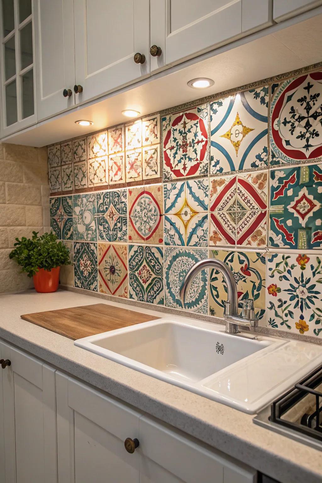 A lively backsplash featuring detailed patterned coverings enhances the kitchen's persona.