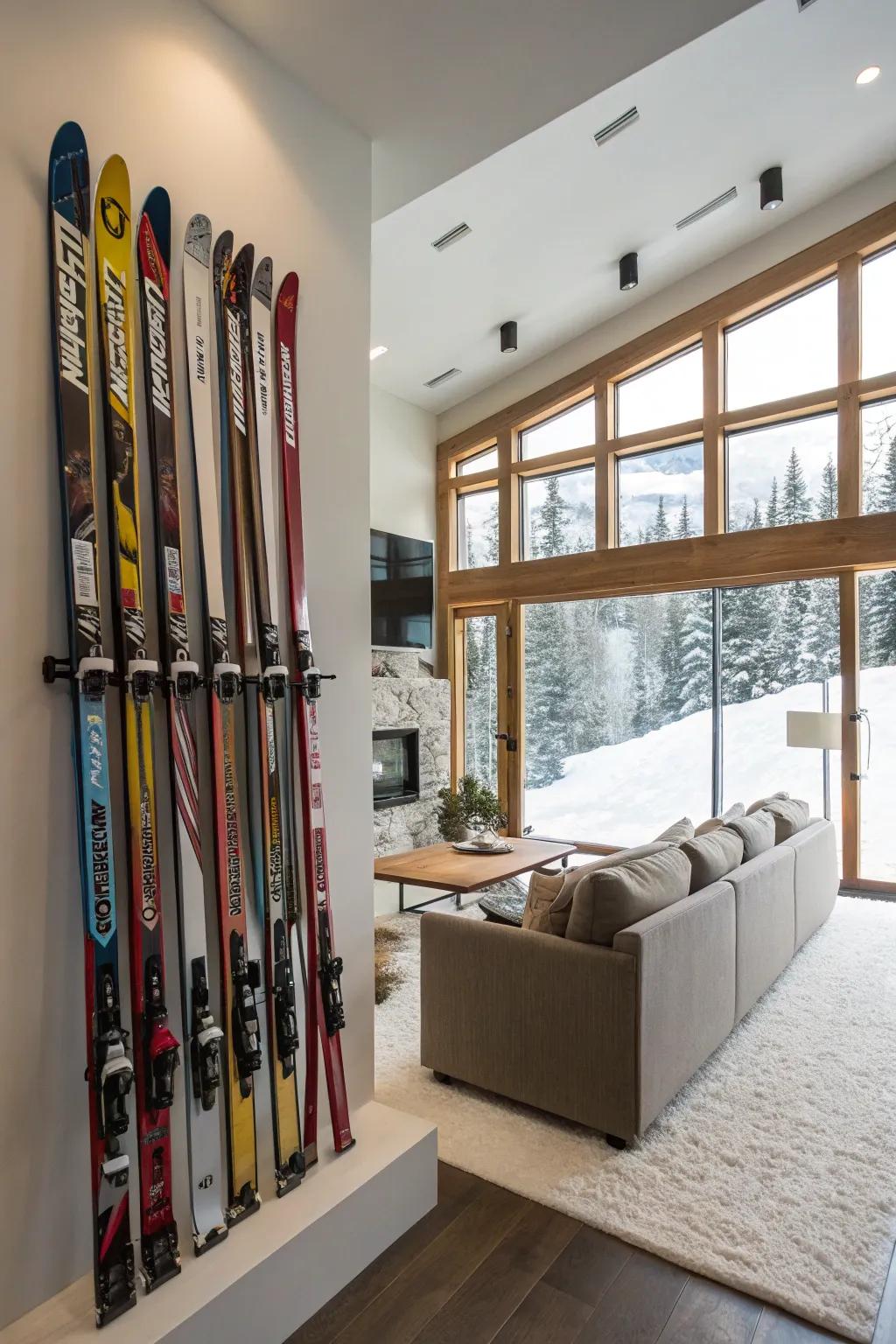Wall-mounted racks keep skis organized and give the room a sporty feel.