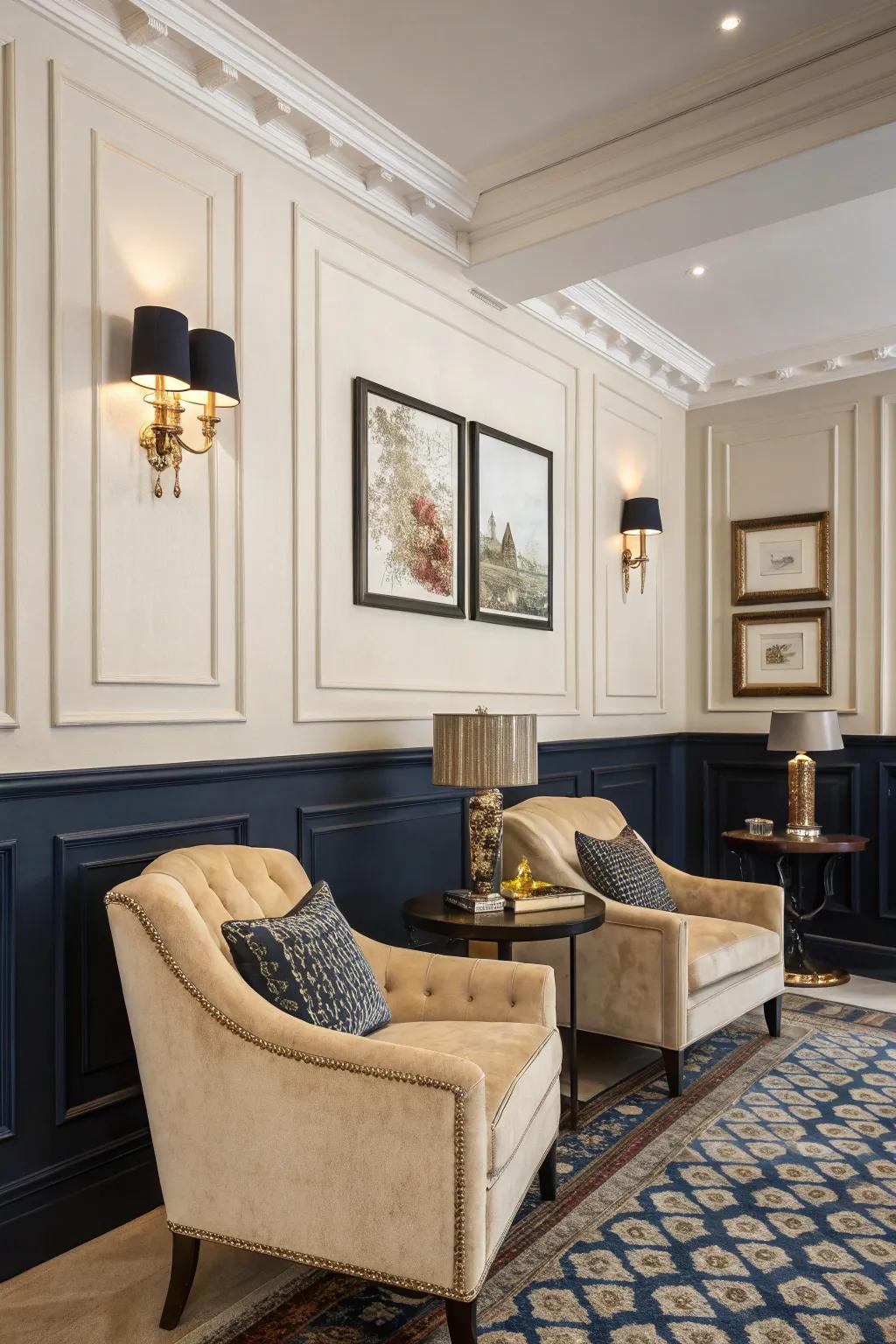 Deep dark blue baseboards provide a daring contrast with ivory walls.