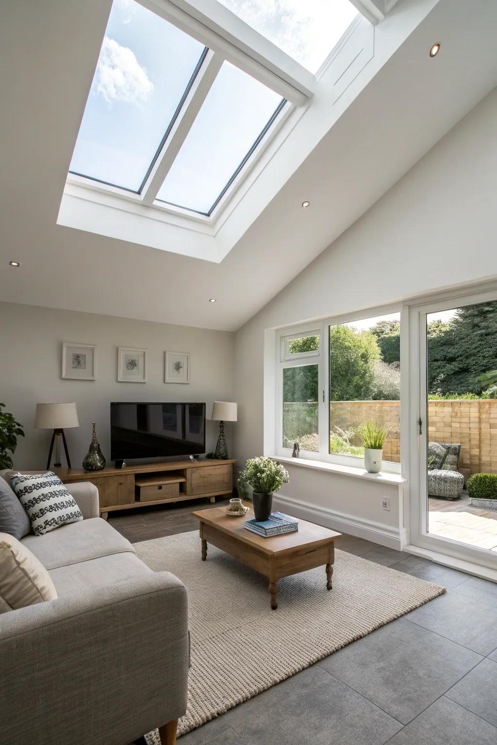 A minimalist living room with a skylight featuring sleek trim.