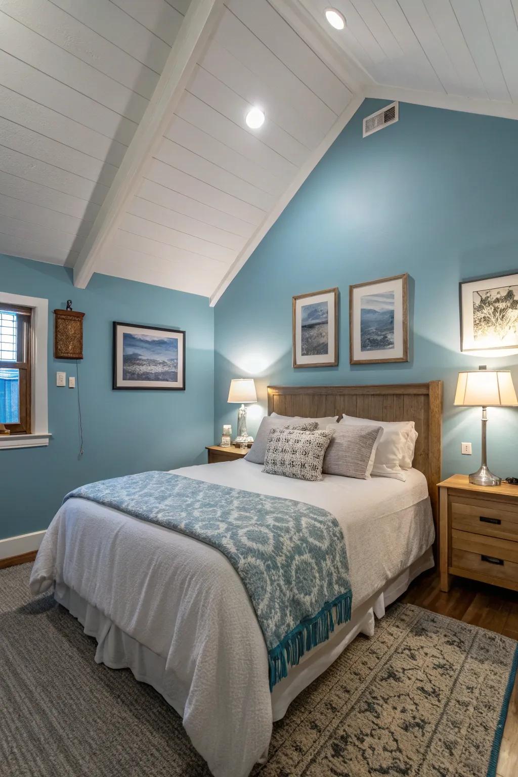 The uniform color scheme adds to the airy, expansive feel of this bedroom with sloping ceilings.