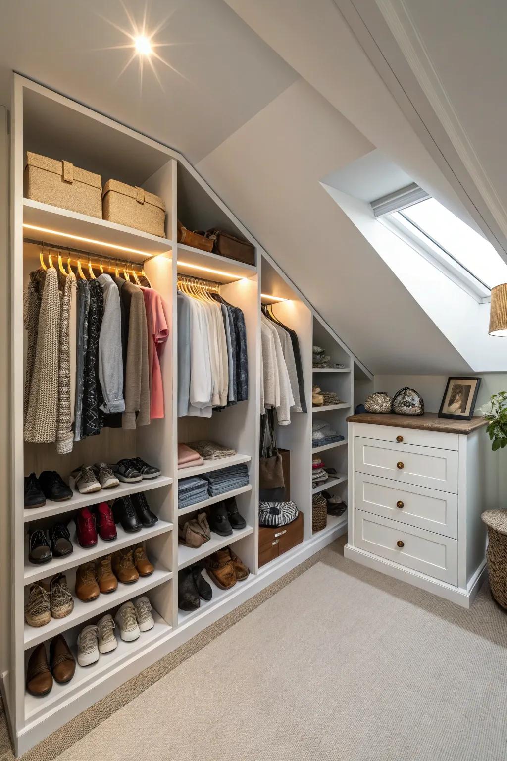 Custom shelving adapts perfectly to slanted floors.