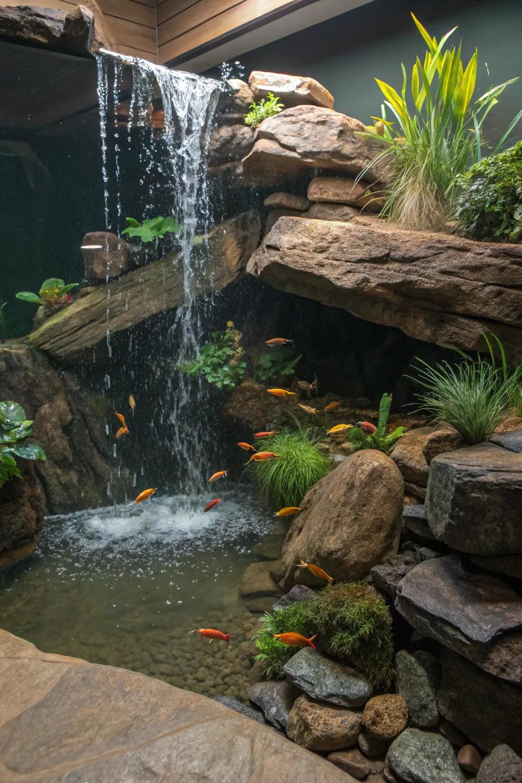 A serene mineral stone cascade graces a home aquarium.