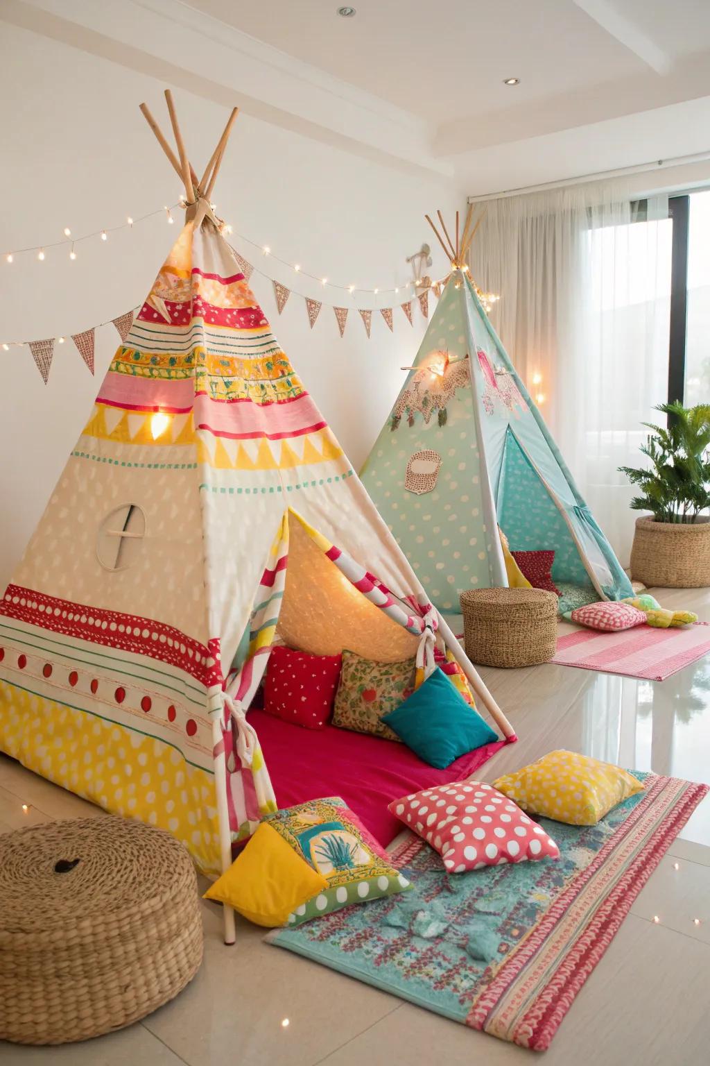 Teepees create a personal space for each child, enhancing the sleep-under experience.