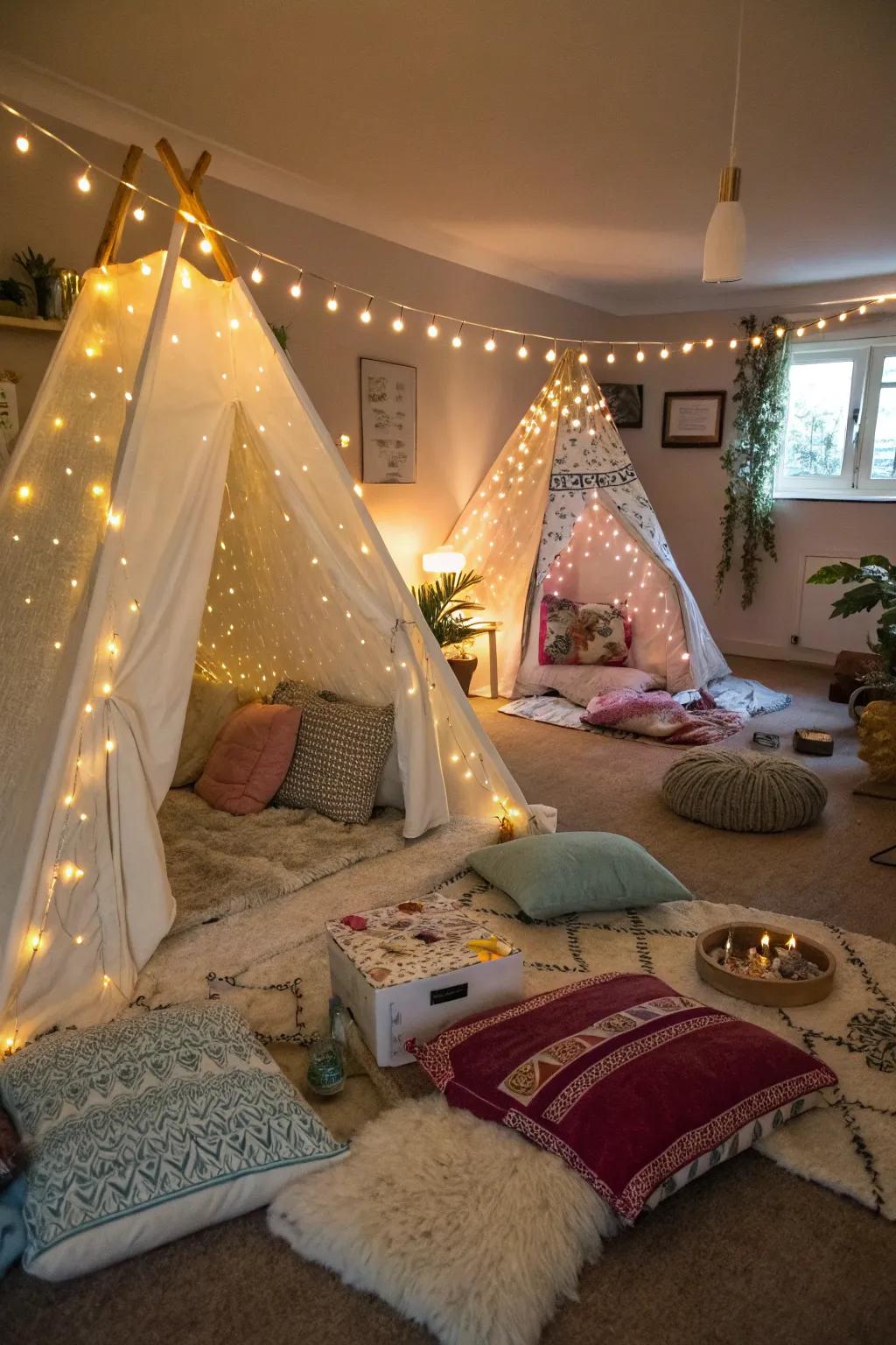 Bring the great outdoors inside with a cozy glamping setup.