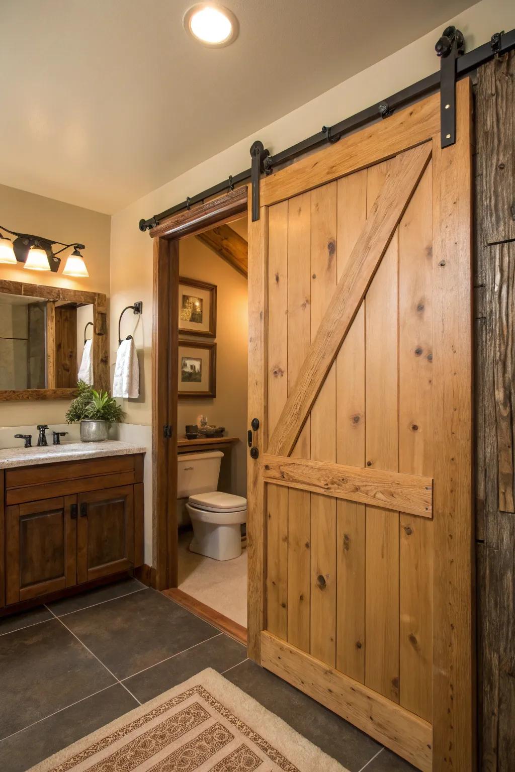 This welcoming bathroom is enhanced by a rustic sliding door.