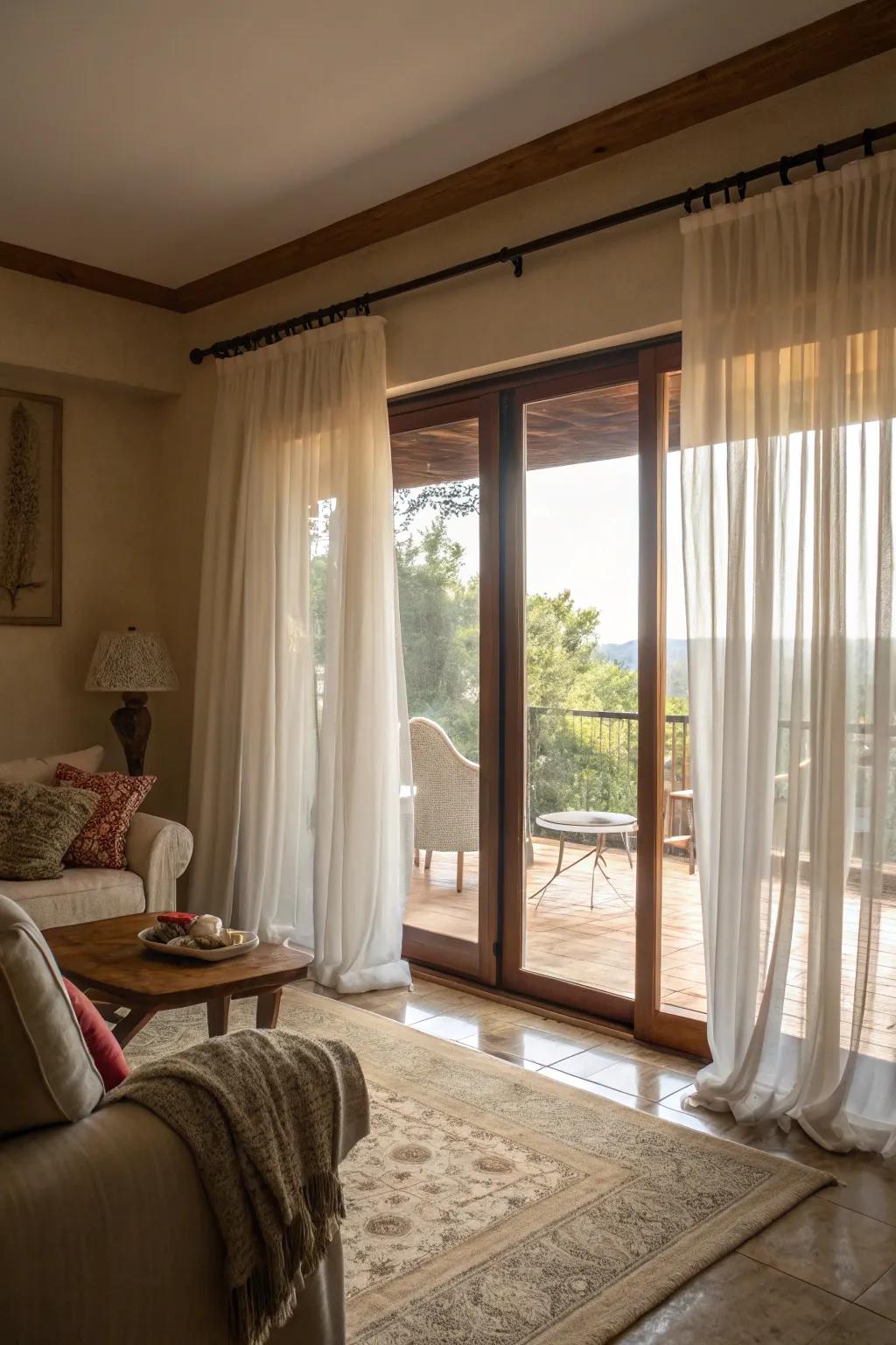 Delicate drapes add a subtle touch while ensuring privacy.
