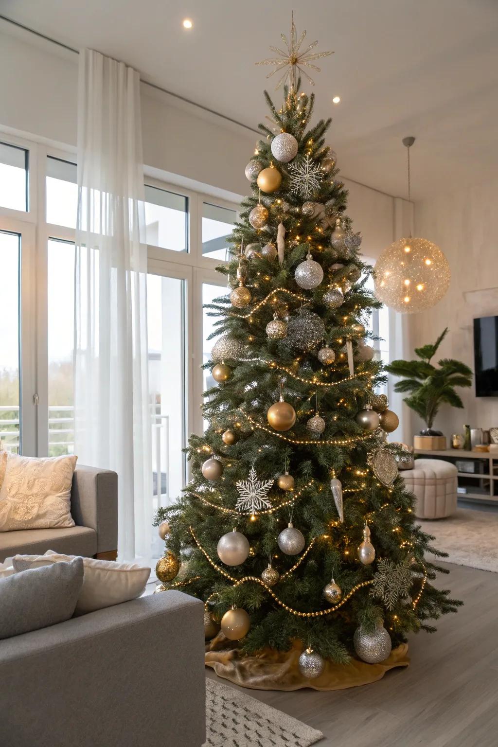 Gleaming ornaments introduce sophistication to a slim Christmas tree.