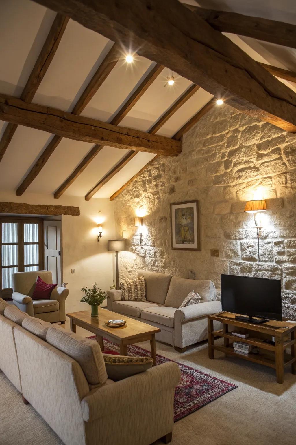 Use spotlights to highlight exposed beams, creating a cozy, inviting atmosphere.