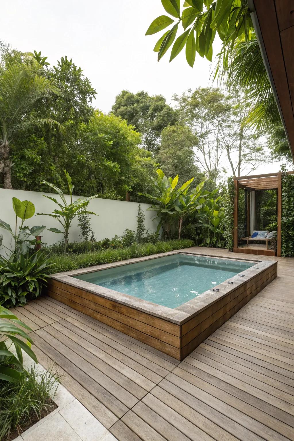 An attractive above-ground pool enhanced by a cozy wooden deck.