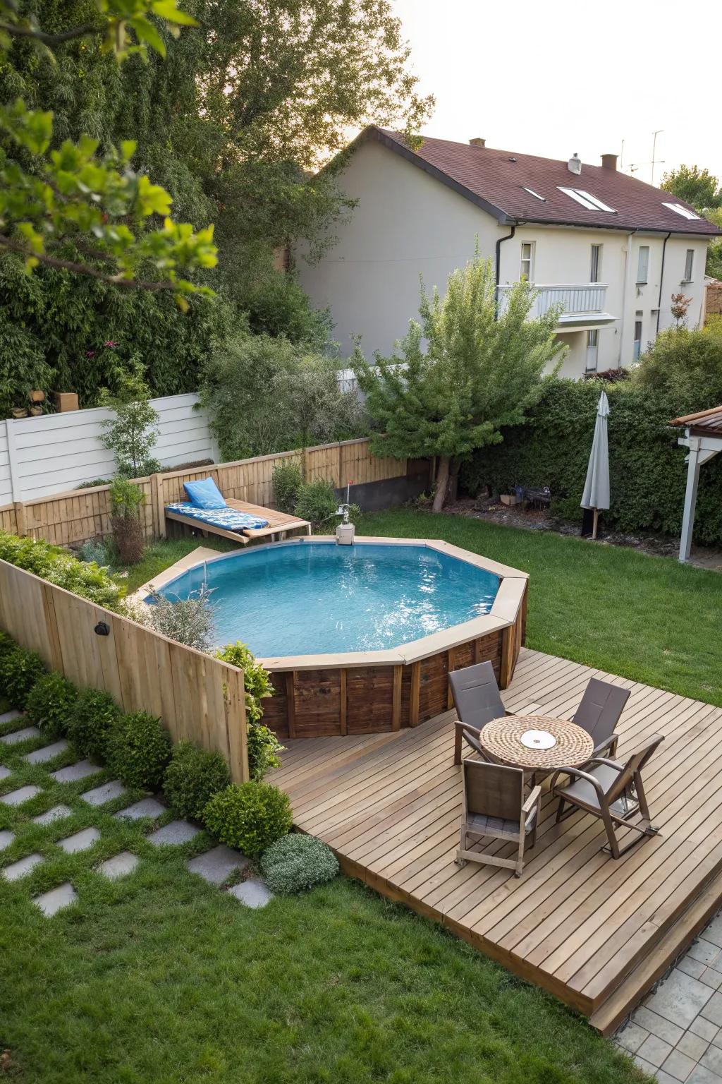 A lovely wooden deck surrounding an above-ground pool, creating an inviting and cozy vibe.