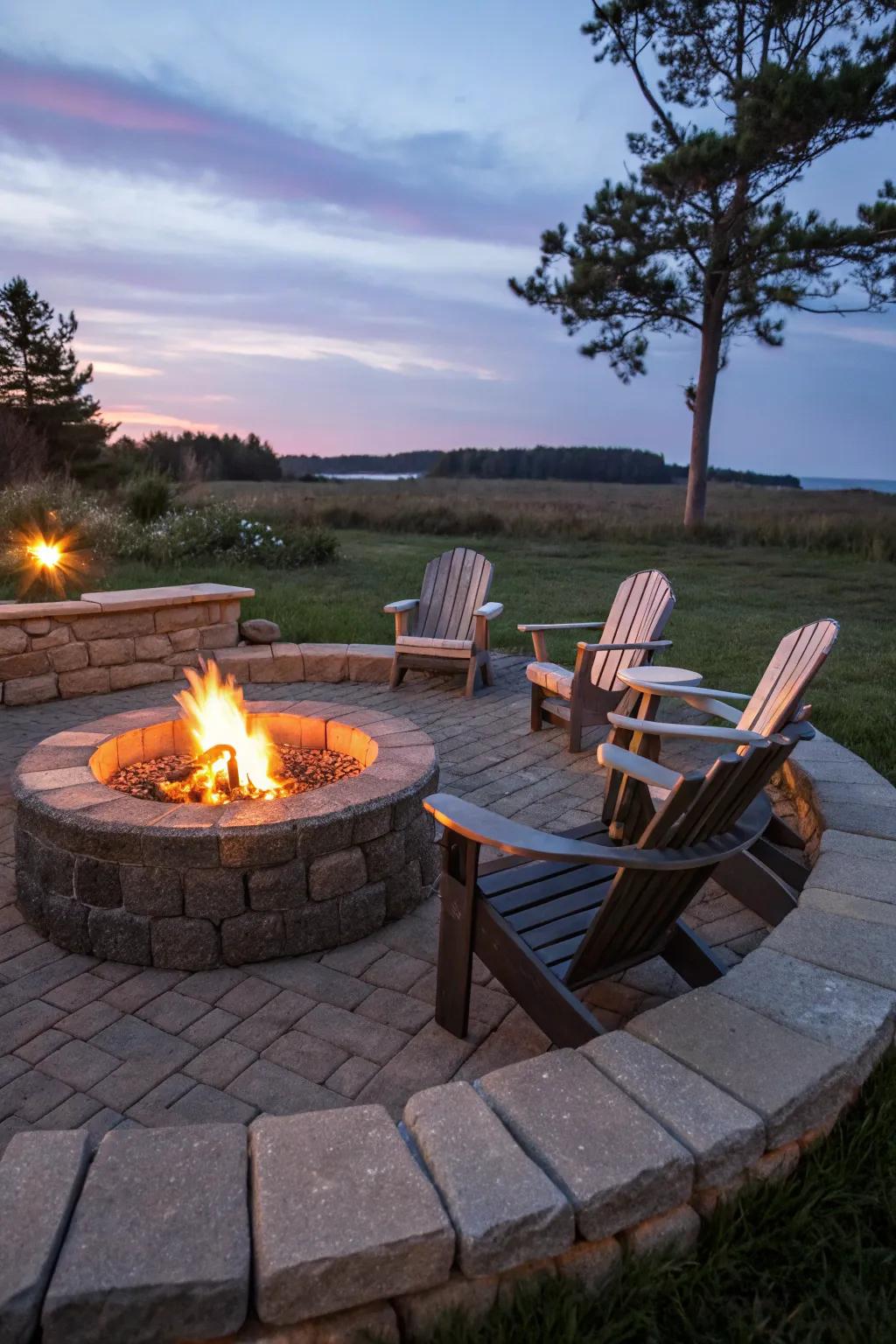 A traditional circular stone fire pit, enhanced by deck chairs, radiates timeless elegance.