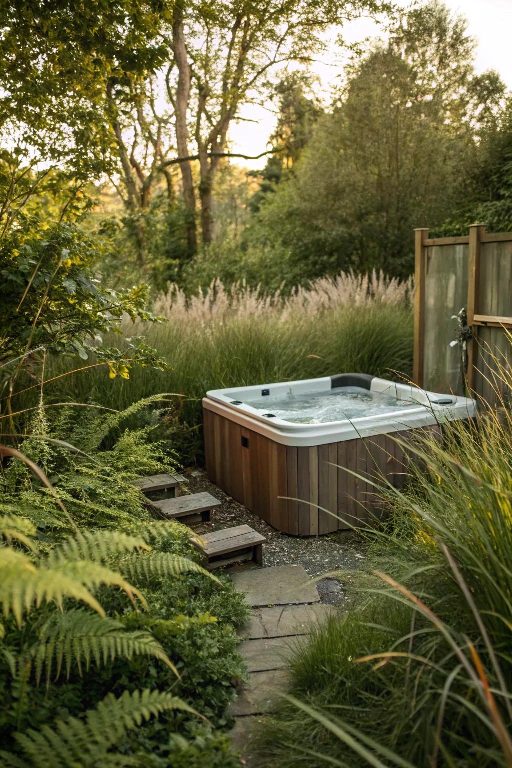 A backyard soak station nestled amidst towering grasses and ferns, exuding a natural ambiance.