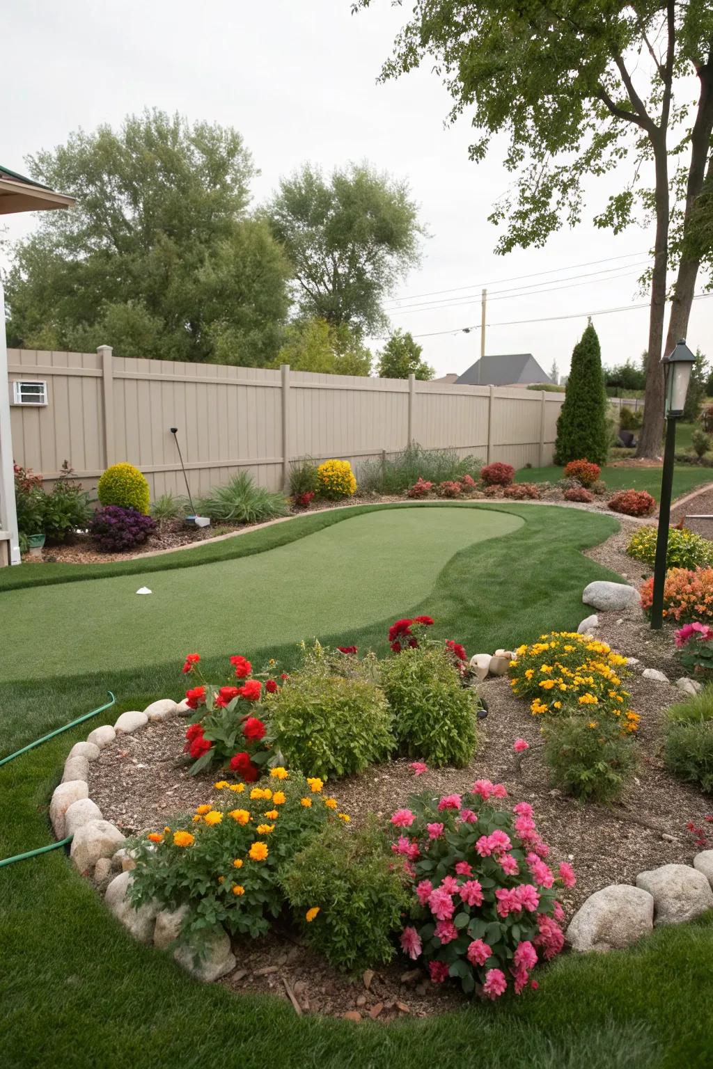 A putting green framed by exquisitely landscaped edges, merging beautifully with the garden.