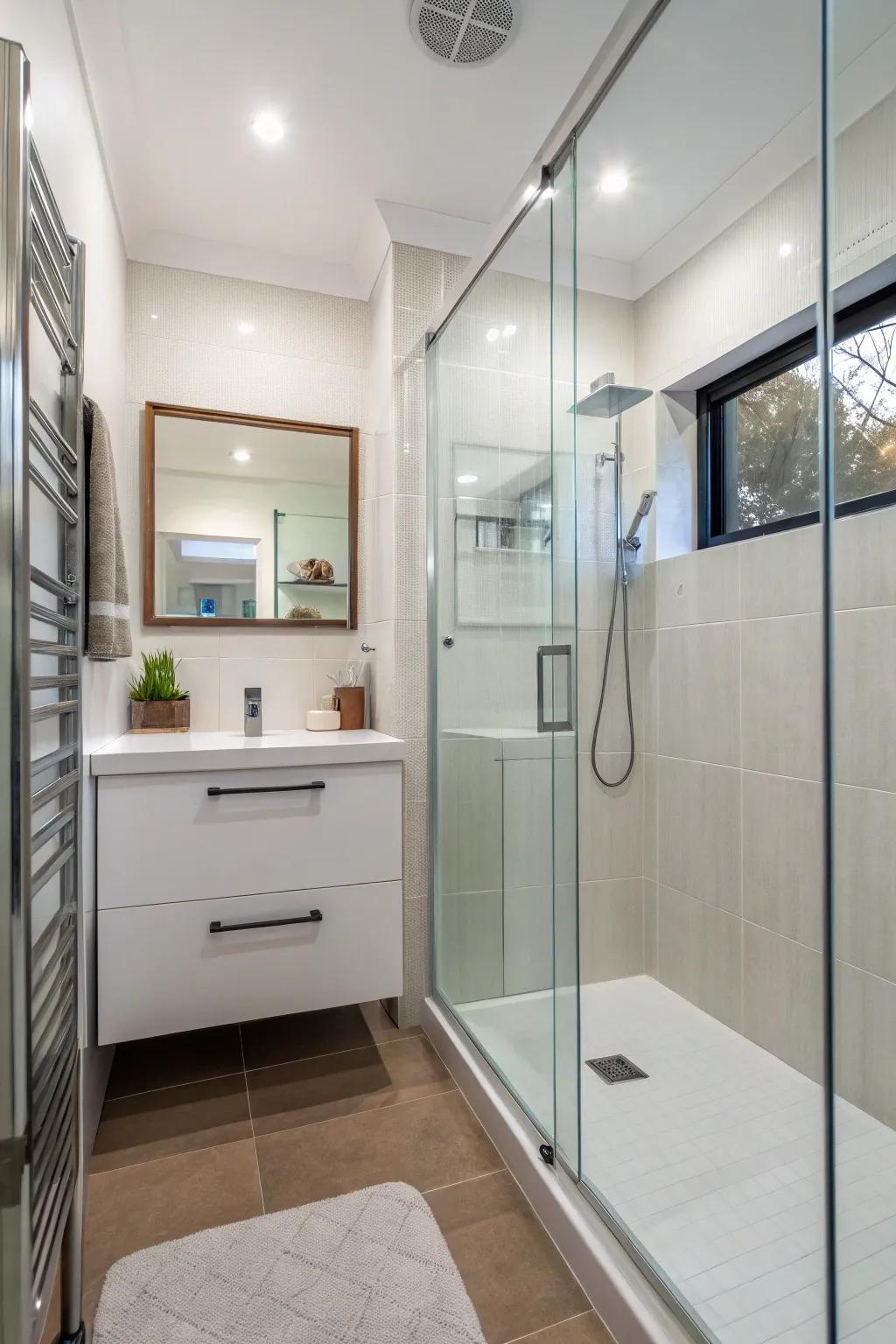 An open-style shower with glass enhances the sense of space in a smaller bathroom.