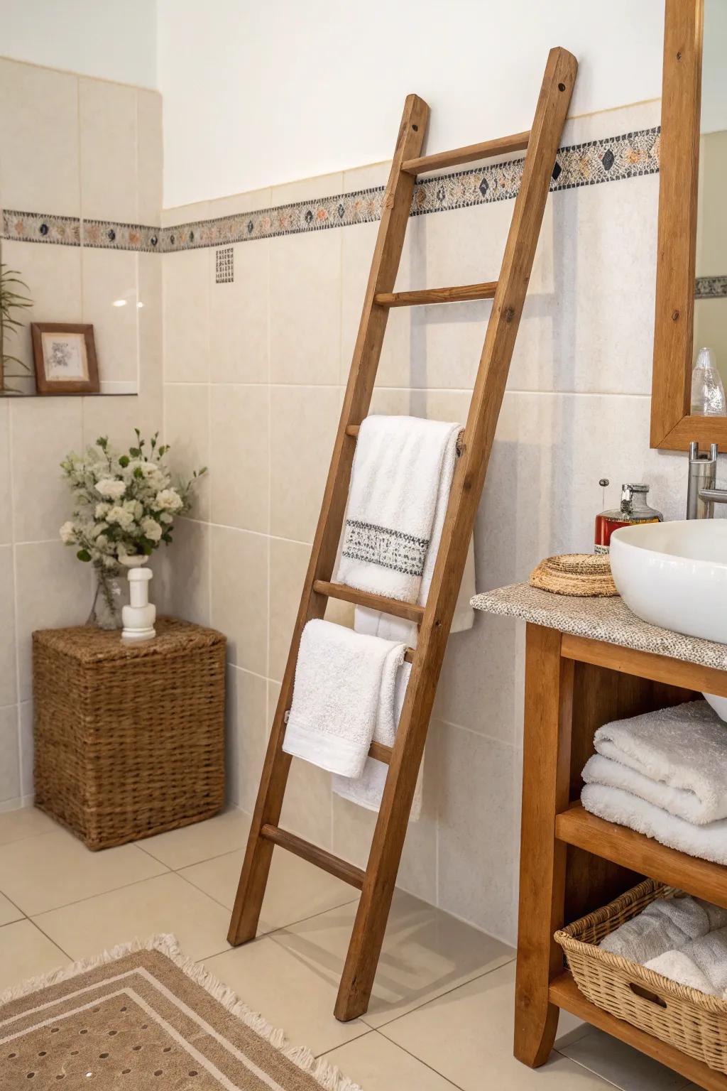 A ladder-style shelf offers a blend of style and practicality.