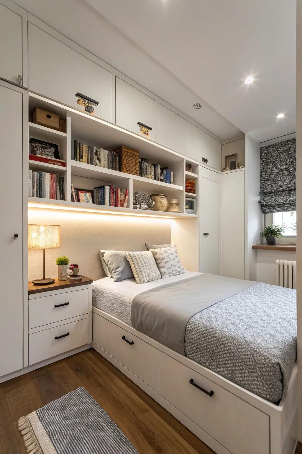 Employ beds featuring integrated storage solutions to efficiently save space.