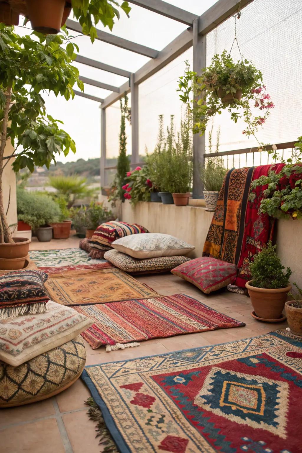 Using layered fabrics brings coziness and richness to a compact boho patio.
