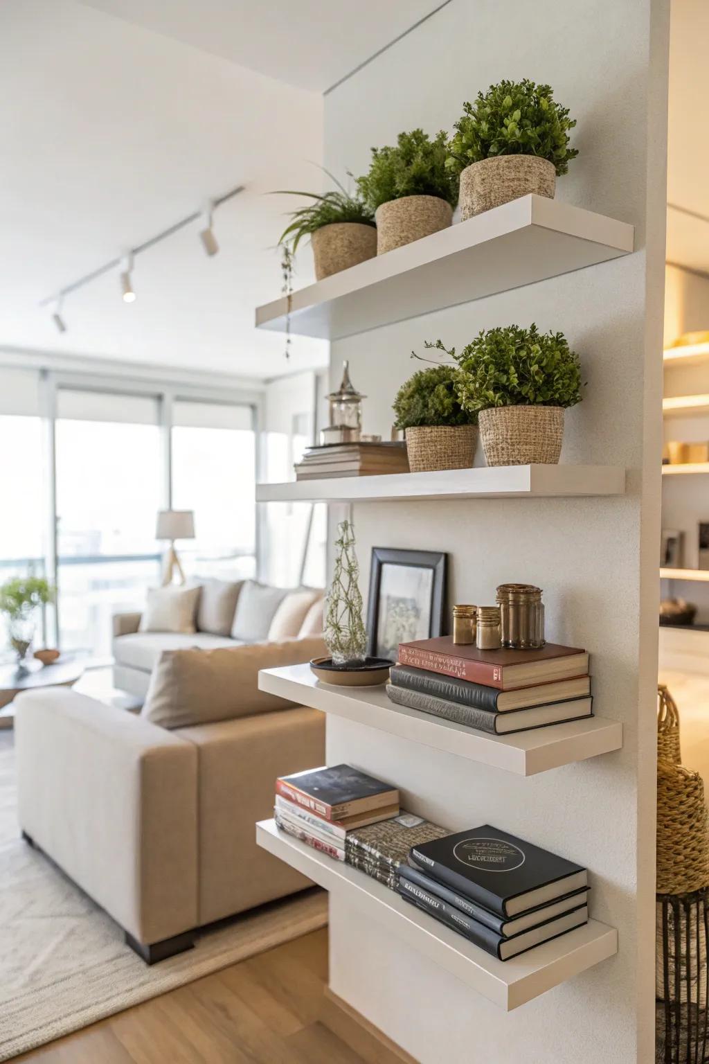 Elevated shelves provide storage solutions without occupying any floor area.