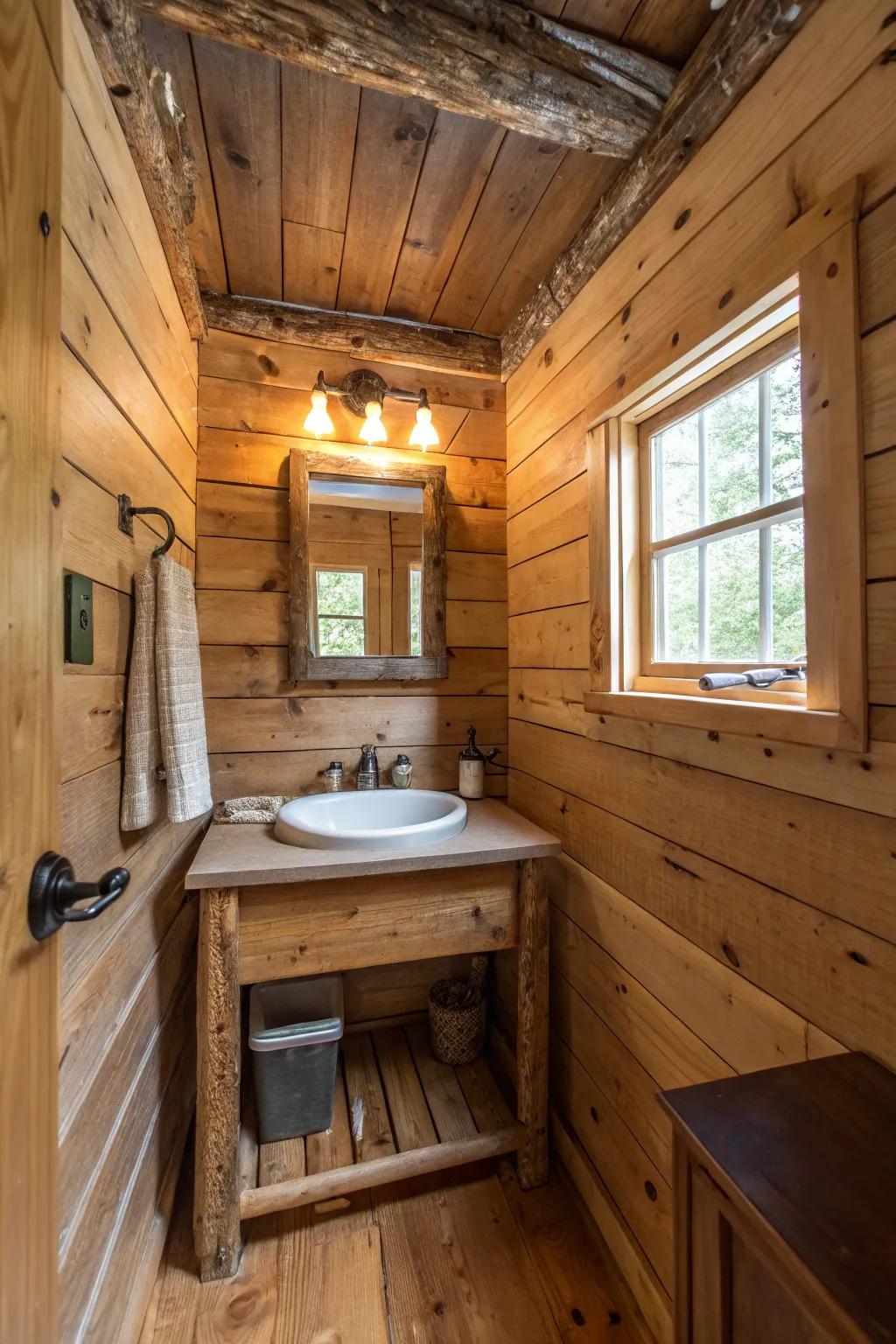 Upcycled wood walls saturate the bathroom with warmth and uniqueness.