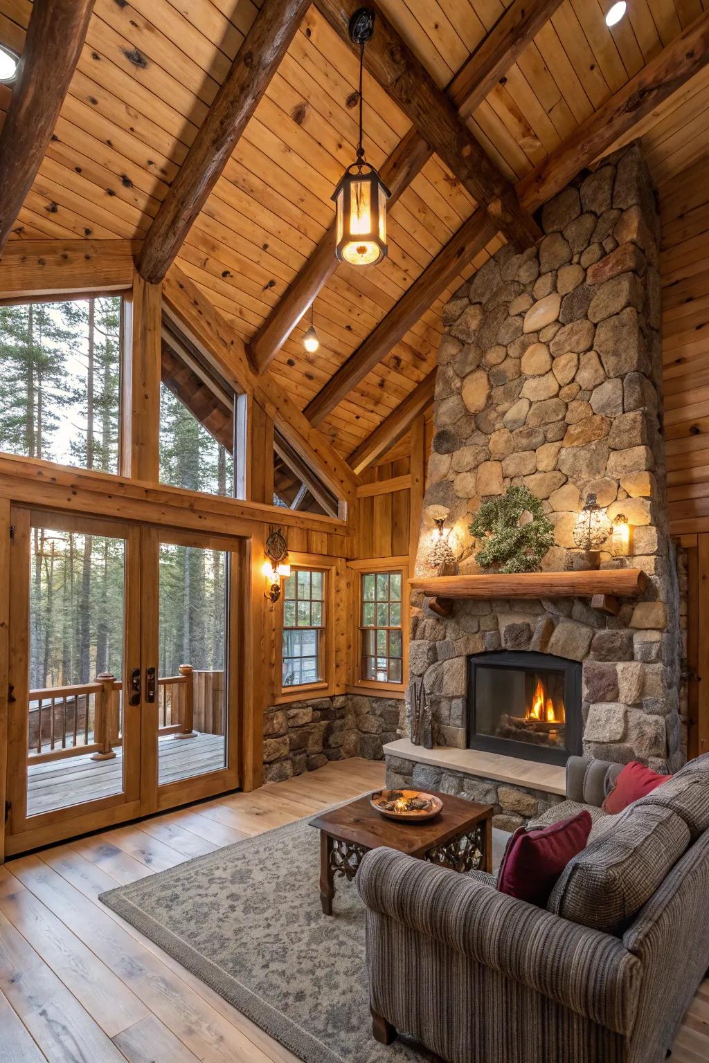 A rustic cabin interior showcasing timber beams and natural stone touches.