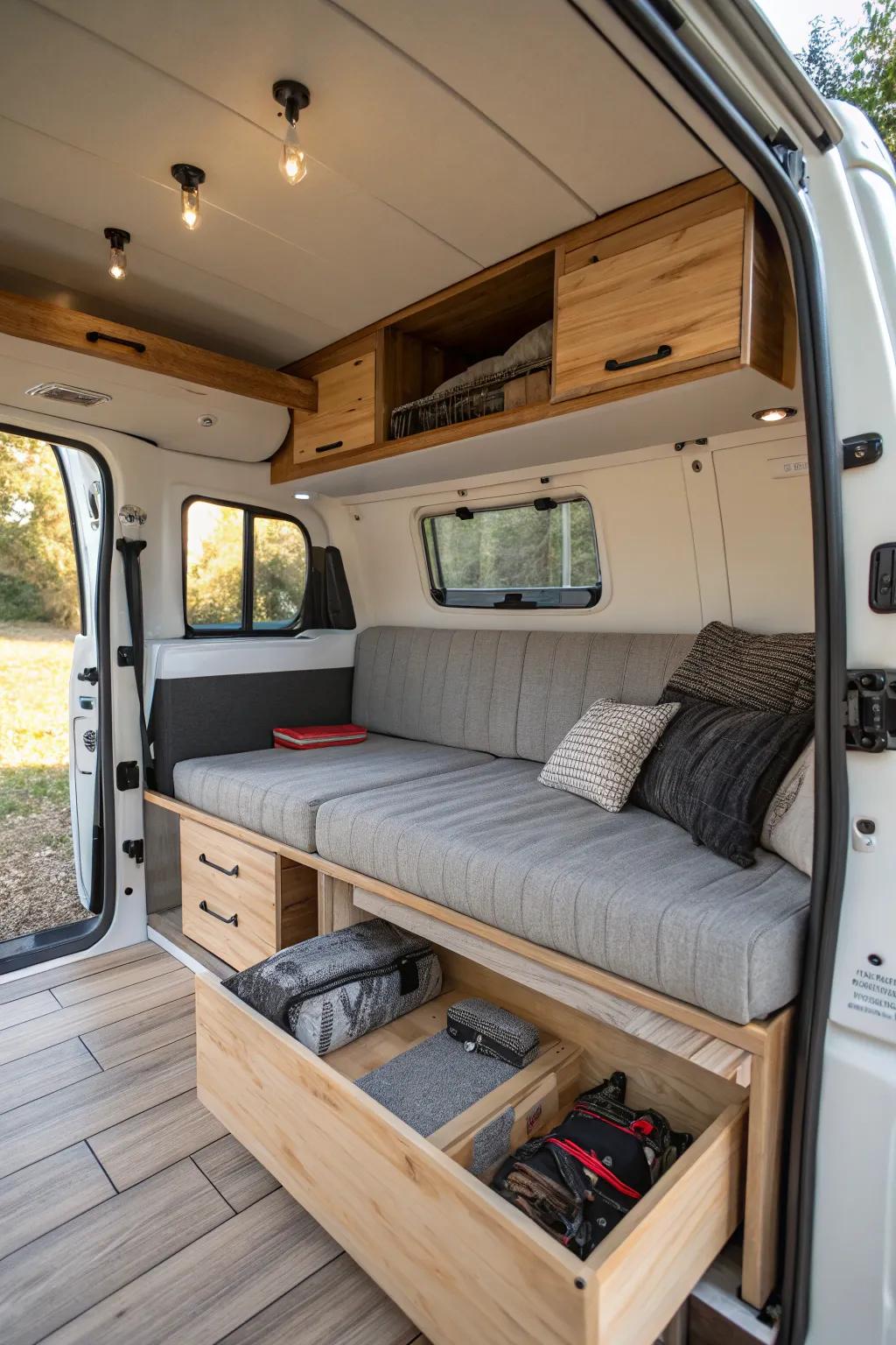 A convertible sofa inside a small camper offers both seating and concealed storage.