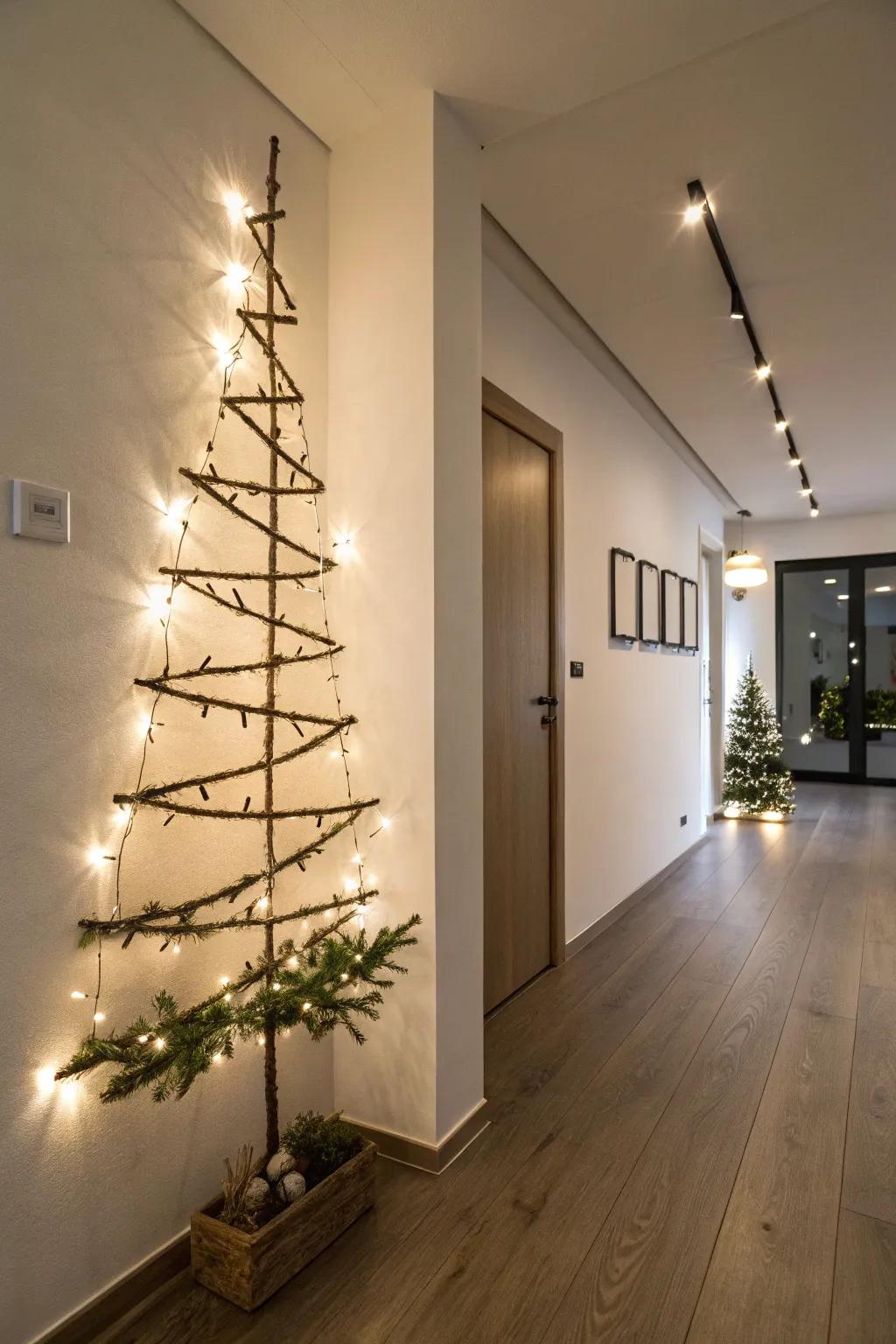 A space-conscious, wall-mounted Christmas tree crafted from branches and lights.
