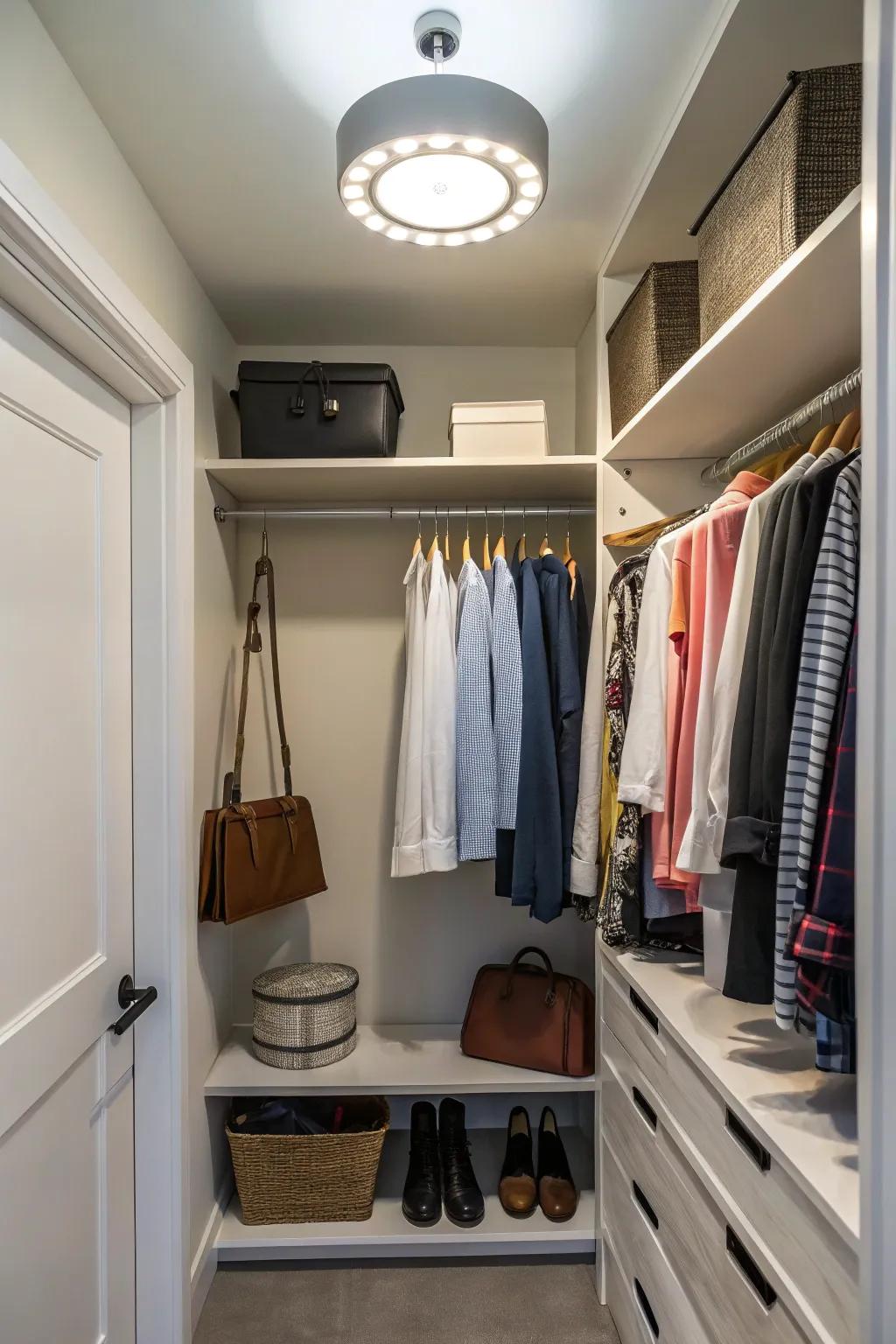 Overhead lighting enhances a small closet, making it feel larger and brighter.