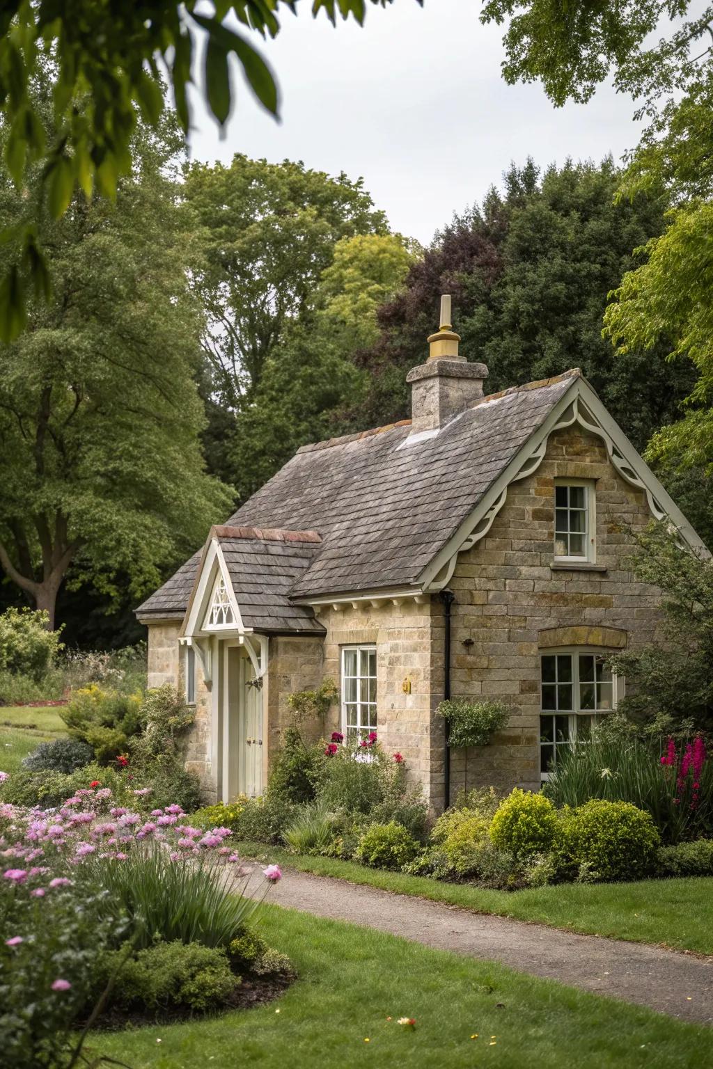 A charming stone cottage nestled among vibrant greenery.