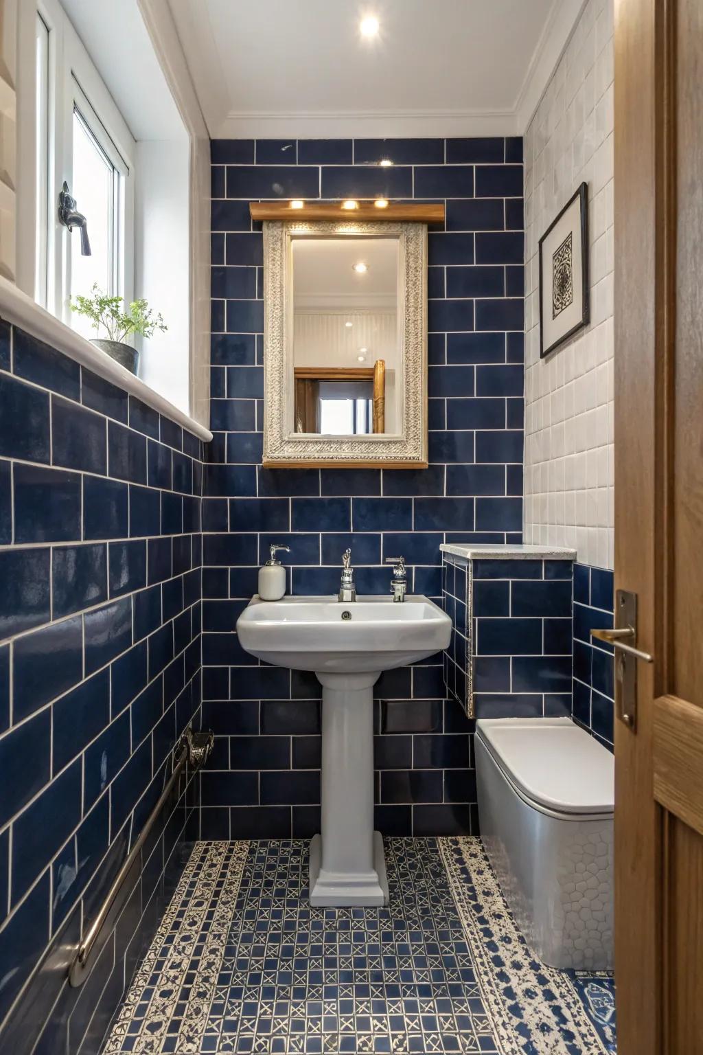 Deep blue tiles evoke a captivating and refined ambiance in this petite bathroom.