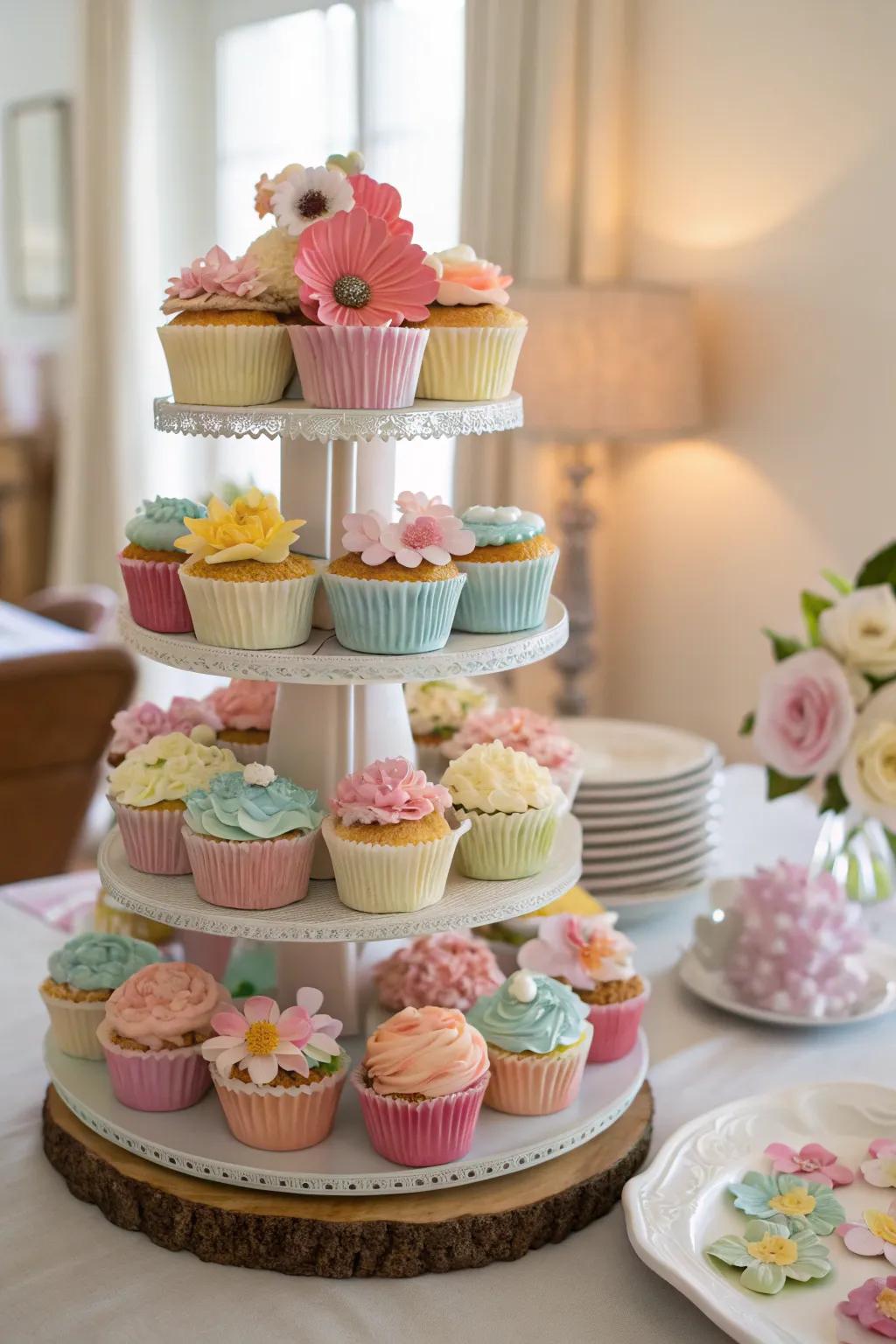 An impressive pastel cupcake display adds grace to a small dessert table.