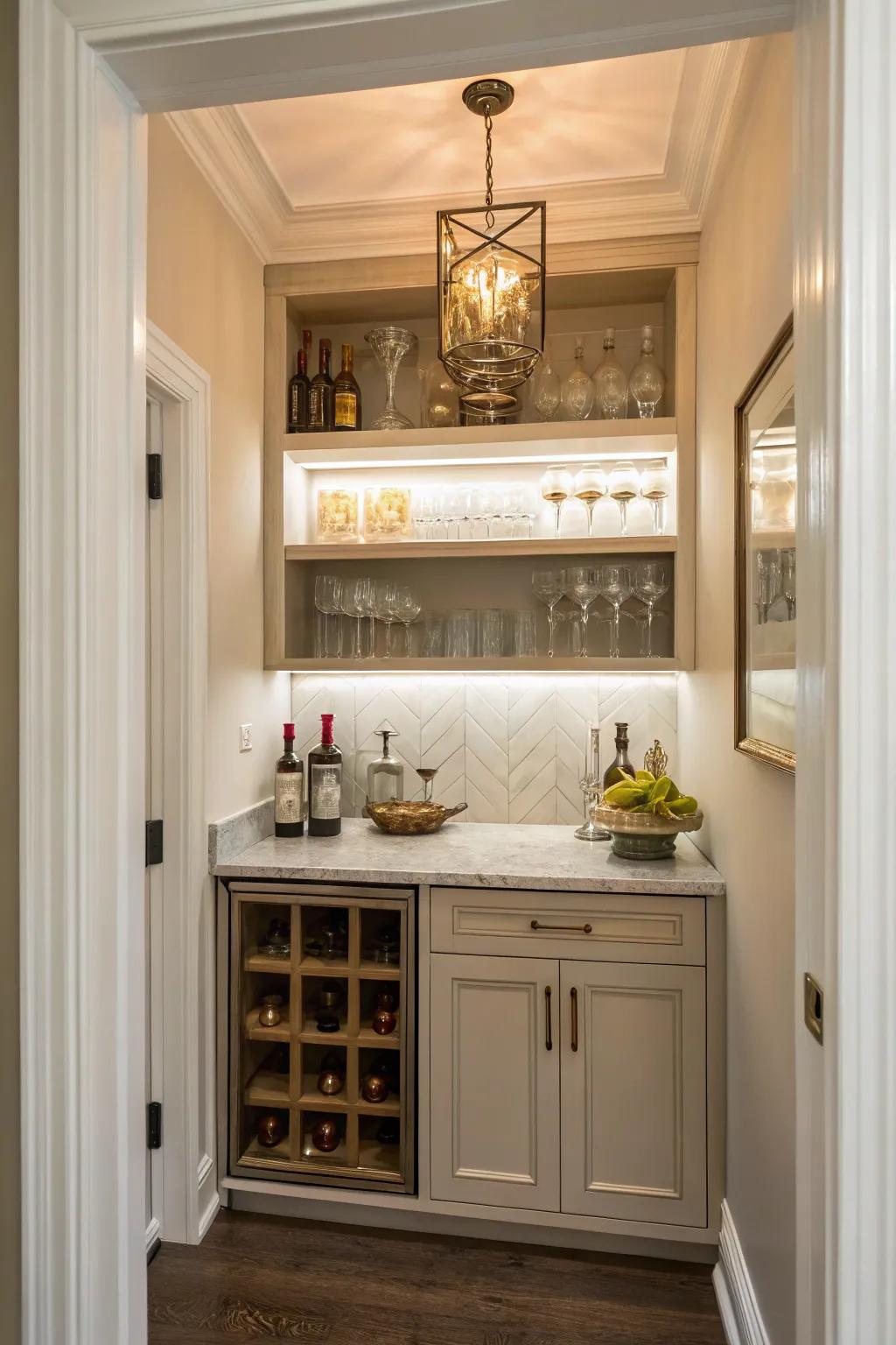 A closet converted into a stylish drink station.