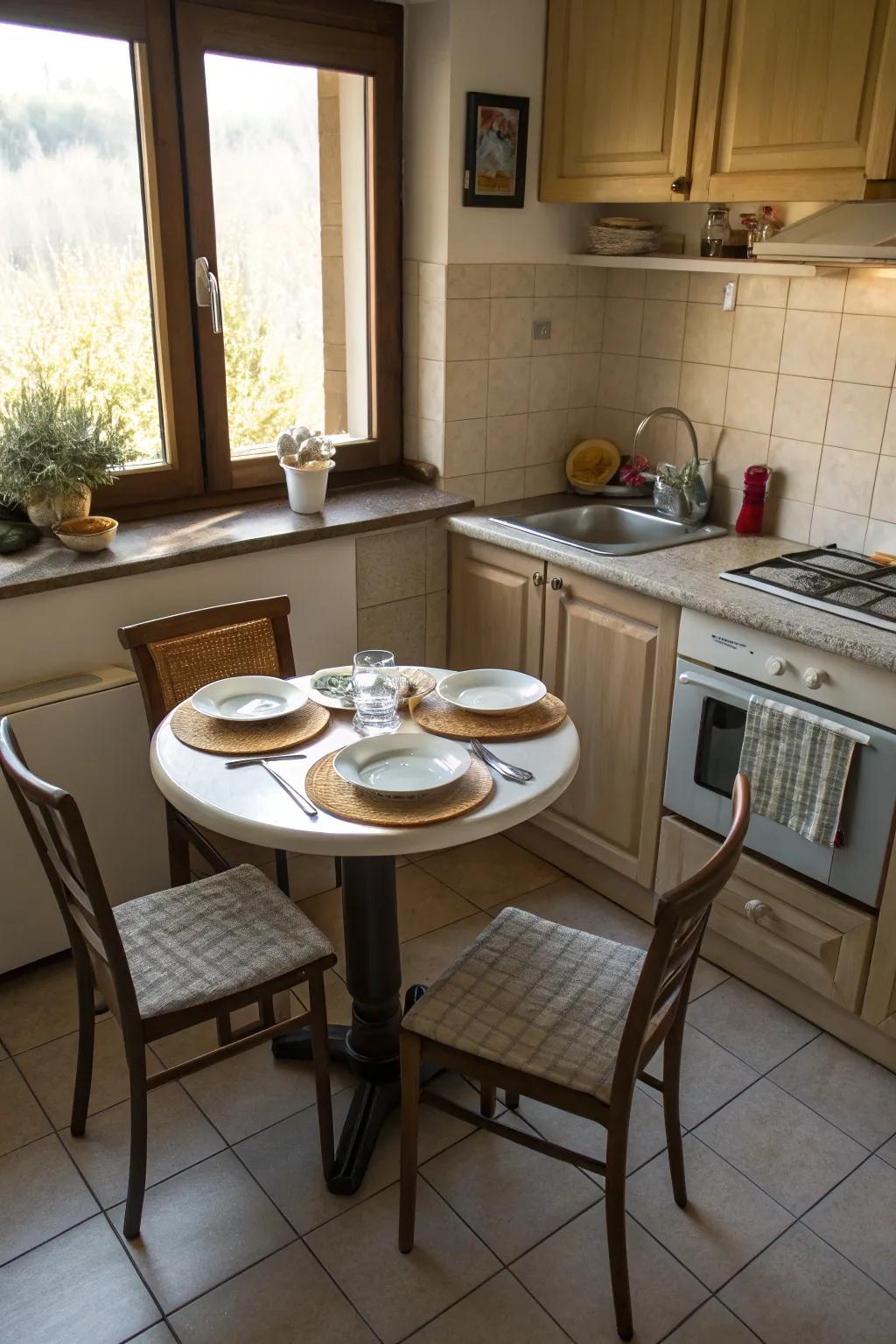 A space-saving dining table is a great fit for a snug kitchen corner.