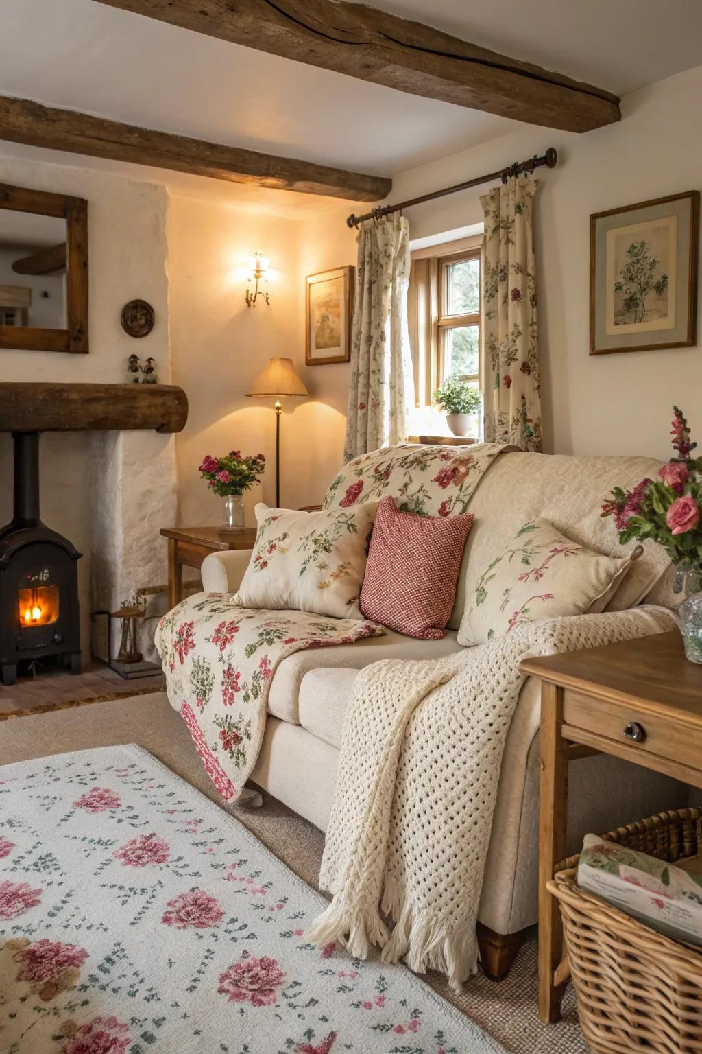 Floral-patterned cushions and woven throws infuse this cottage living room with warmth.