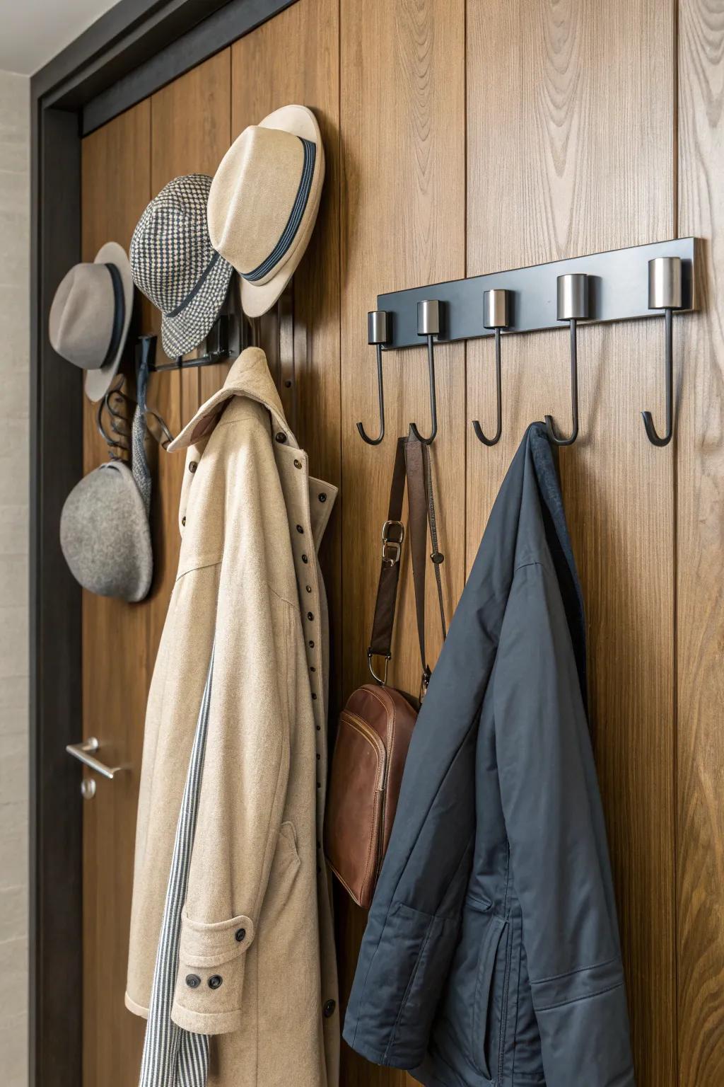 Wall-mounted hooks preserve a tidy and practical entryway.