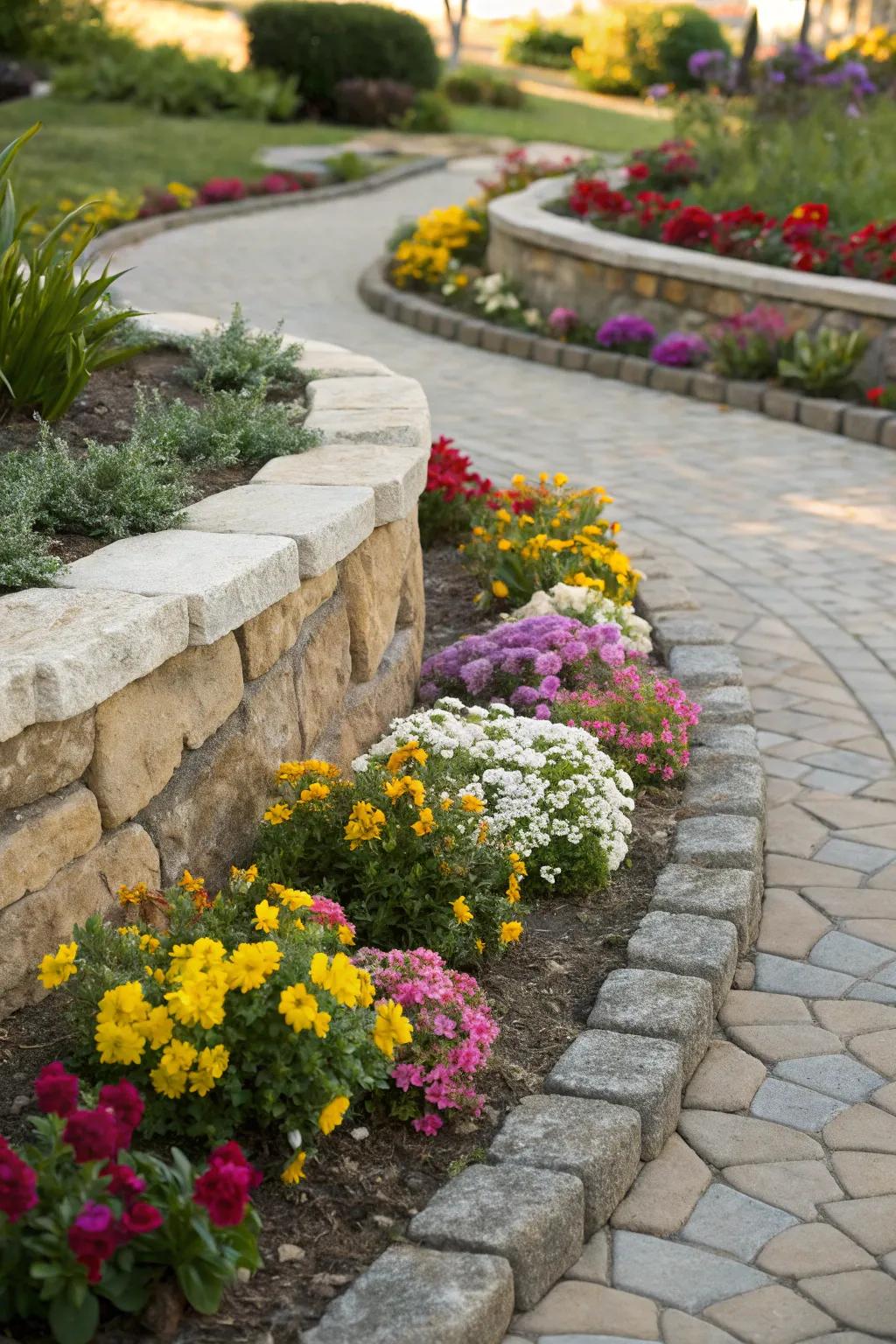 A delightful, compact flower bed featuring graceful, curved stone borders overflowing with lively blossoms.