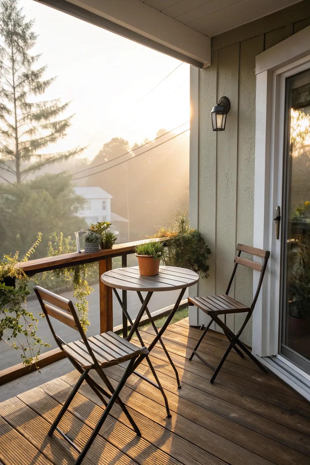 A minimalist bistro ensemble harmonizes flawlessly on a petite front deck.