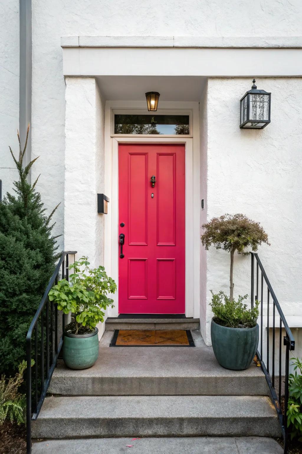 A vividly colored front door brings personality to a small entryway.