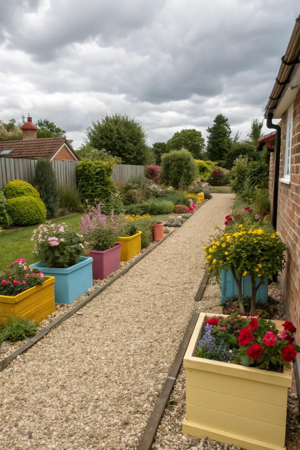 A modern, petite front garden showcasing gravel paths and vibrant plant containers.