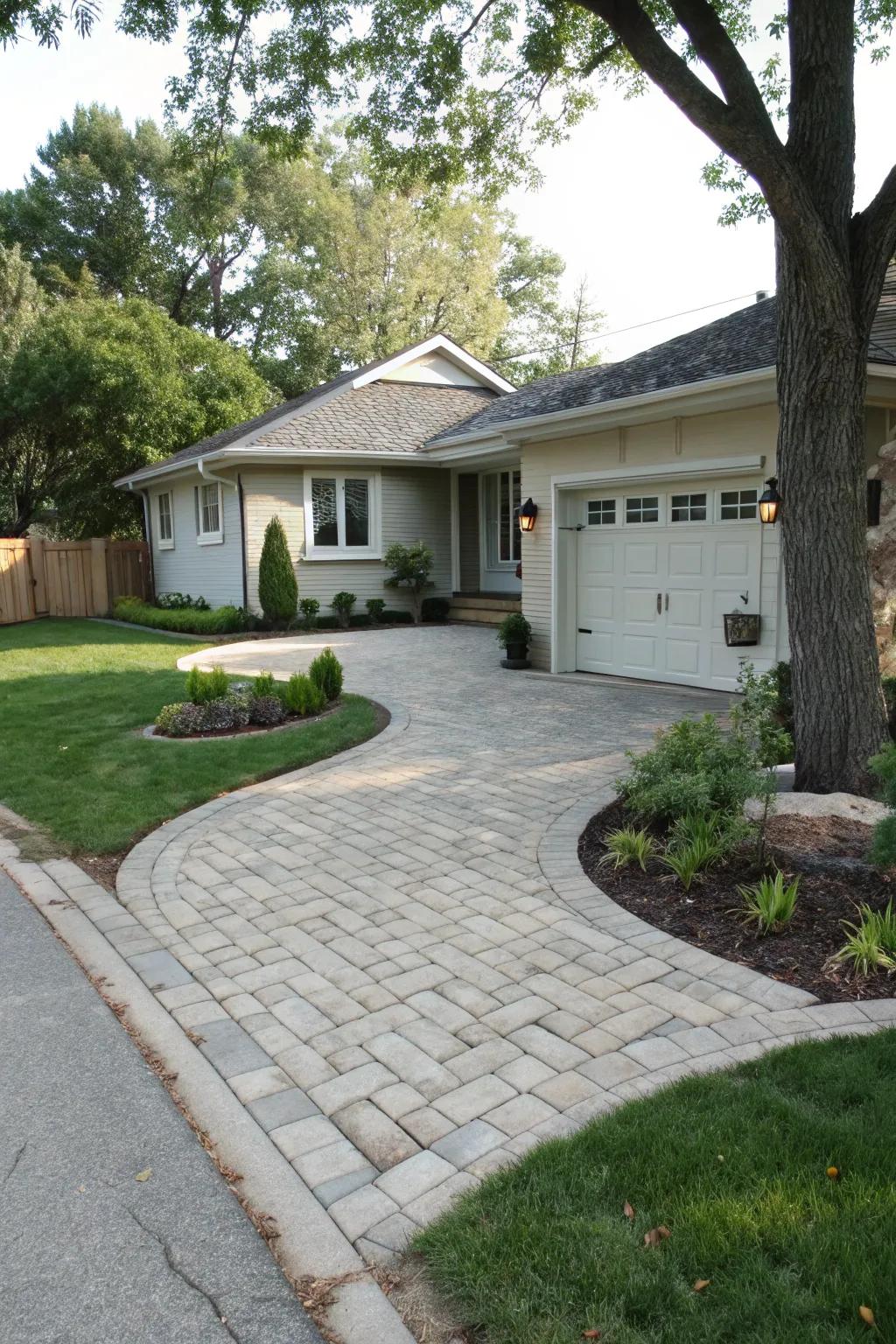 A solid surface driveway adds refinement and utility to a small front yard.