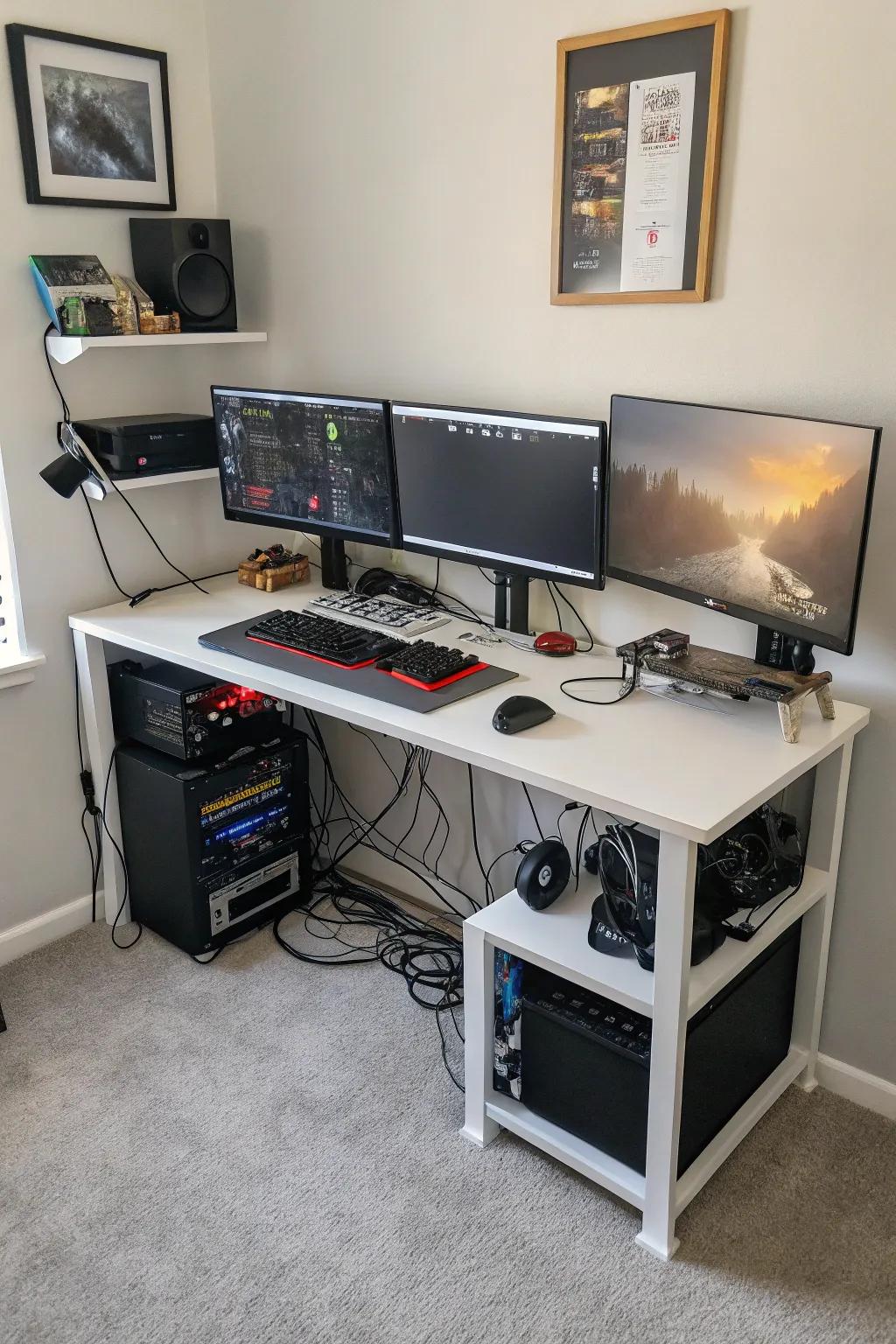 A small desk setup with several screens, just right for compact areas.