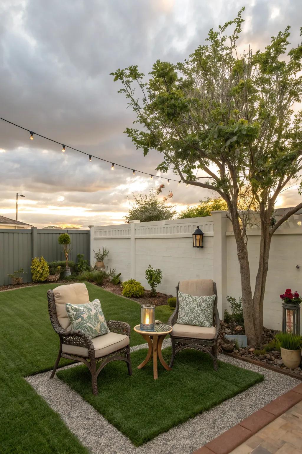 A welcoming seating area on artificial grass, perfect for unwinding in the afternoon.