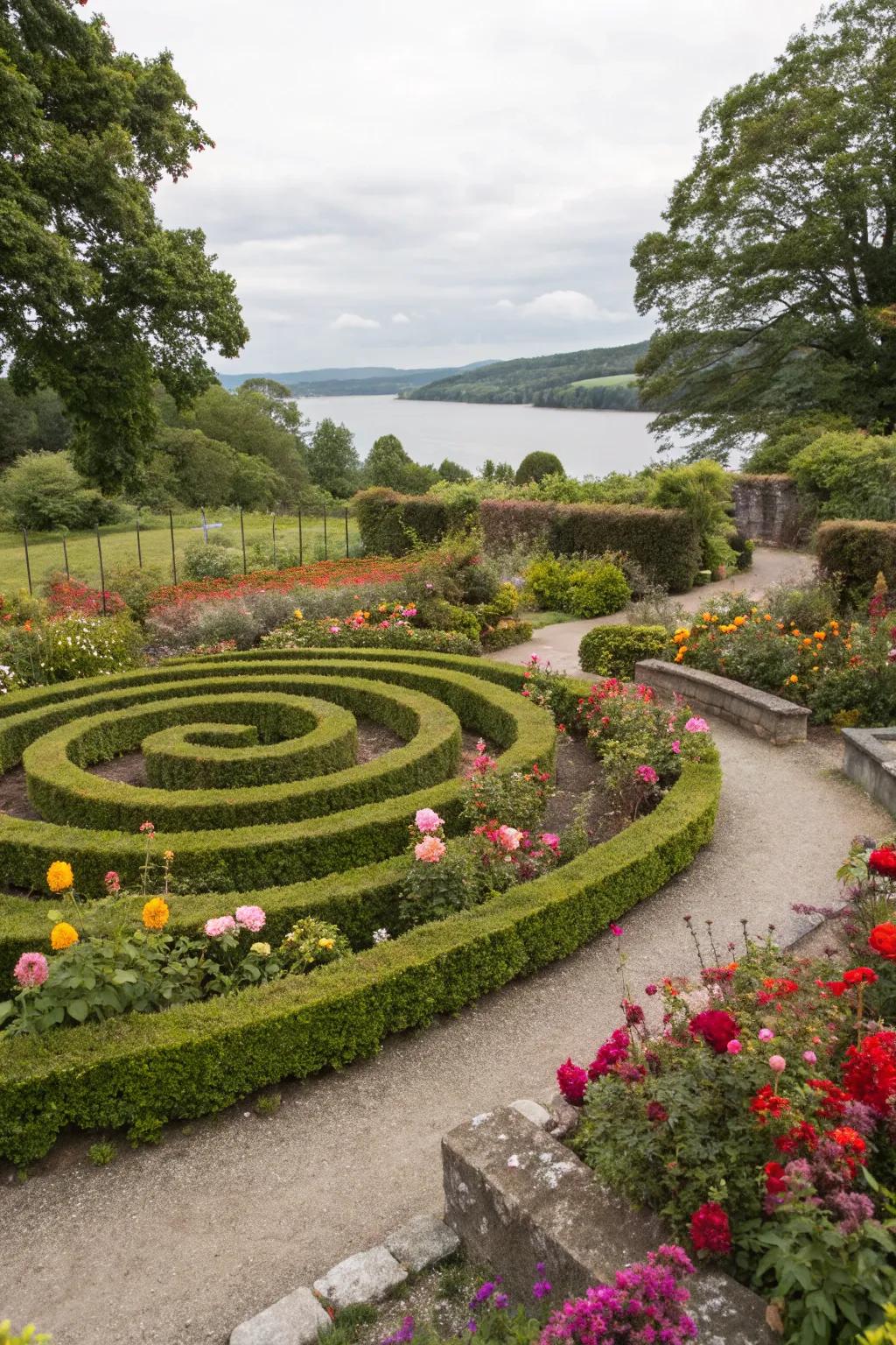 A space-saving swirl maze design created with short bushes in a small garden.