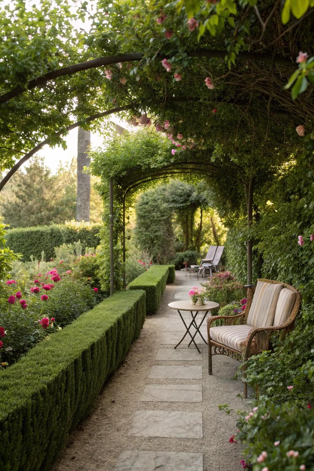 Petite hedges beautifully outlining a garden path.