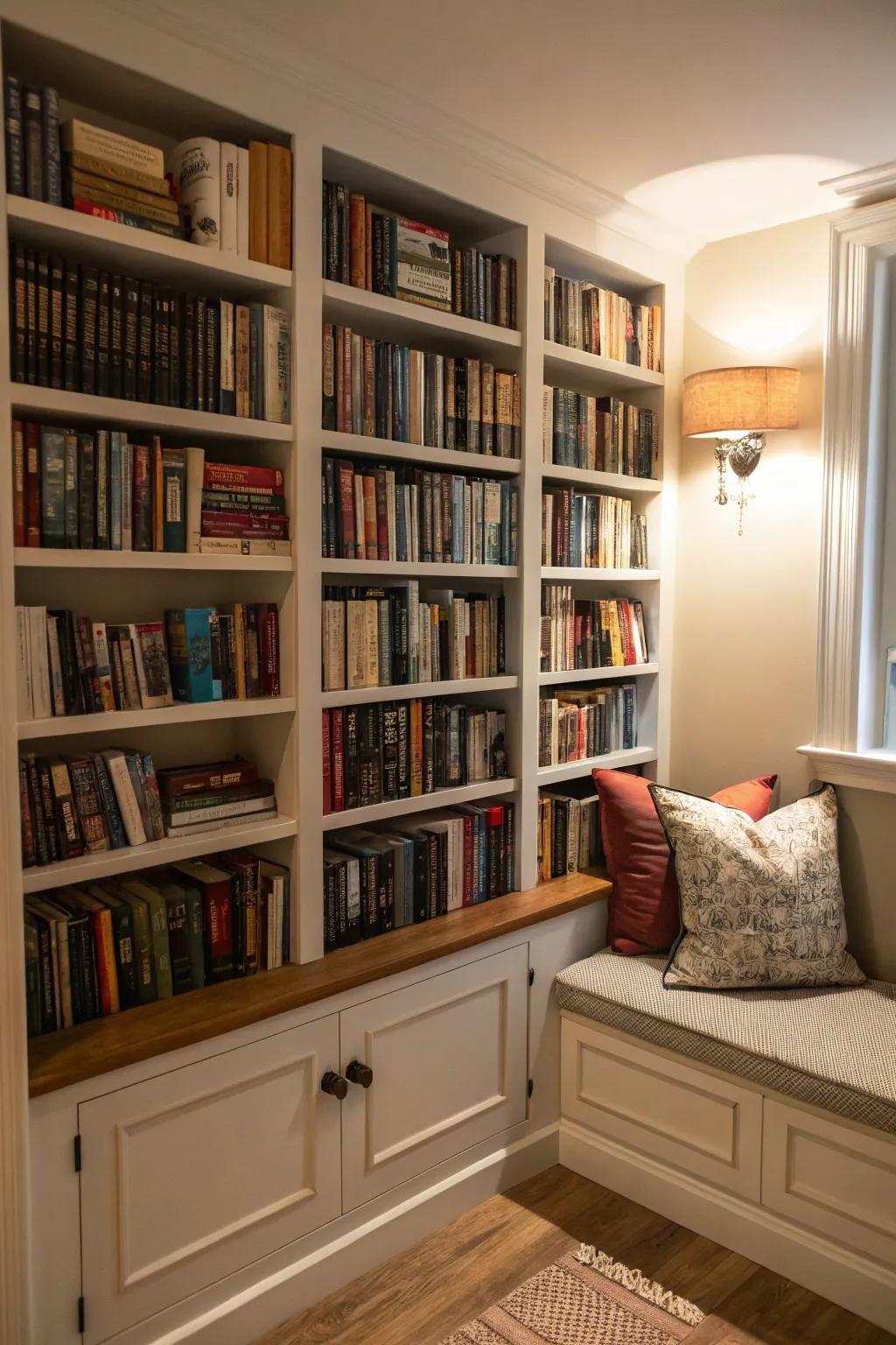 Integrate shelving to maximize book storage in smaller footprints.